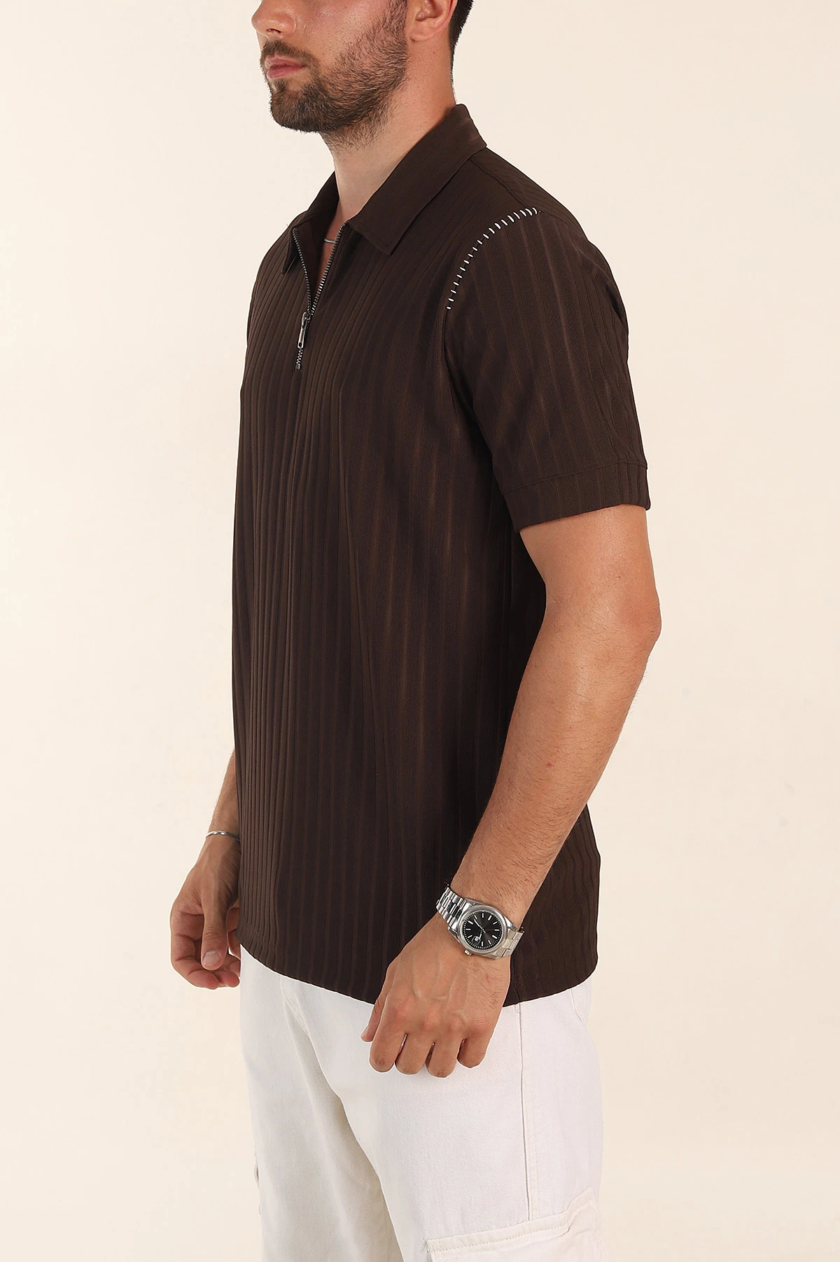 Kahverengi Relaxed Fit Fitilli Doku Fermuarlı Polo Yaka Erkek Tişört 373052