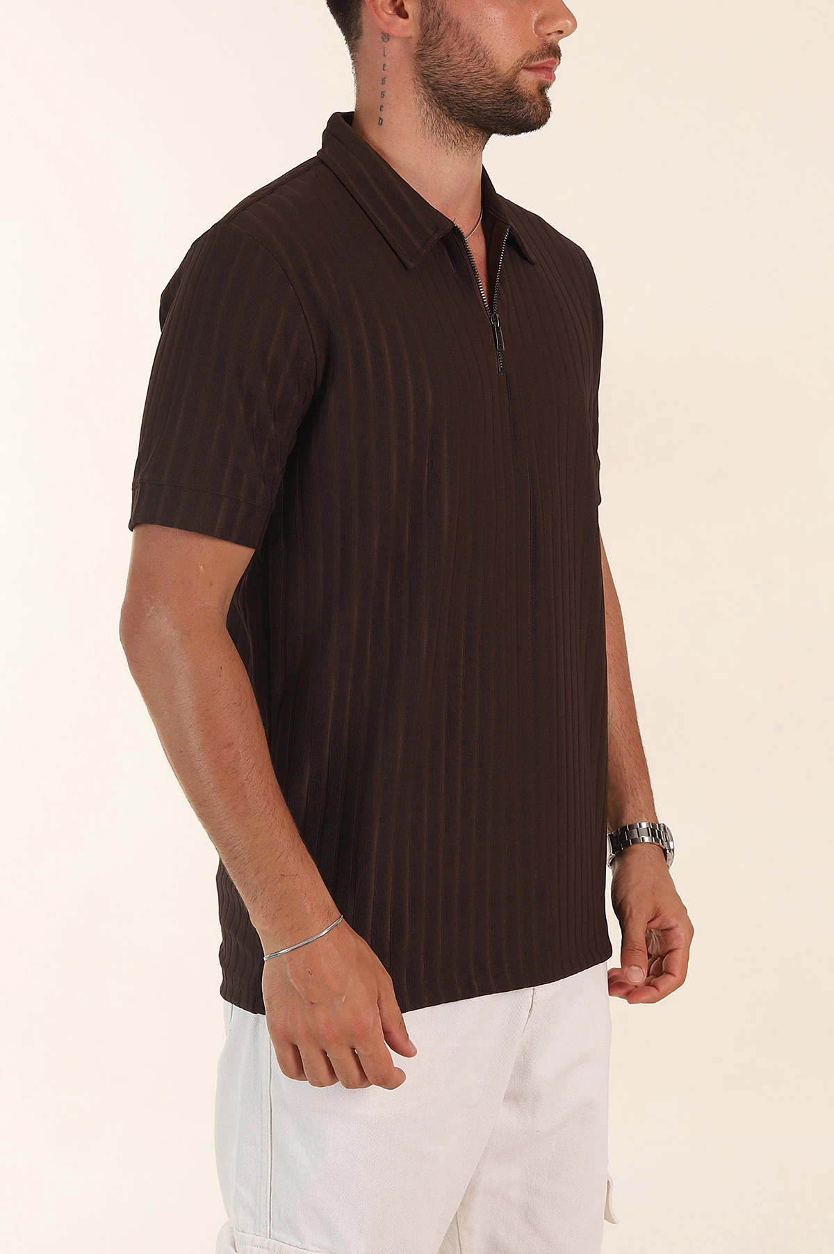 Kahverengi Relaxed Fit Fitilli Doku Fermuarlı Polo Yaka Erkek Tişört 373052