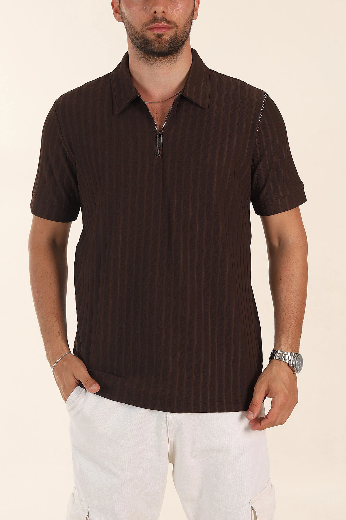 Kahverengi Relaxed Fit Fitilli Doku Fermuarlı Polo Yaka Erkek Tişört 373052
