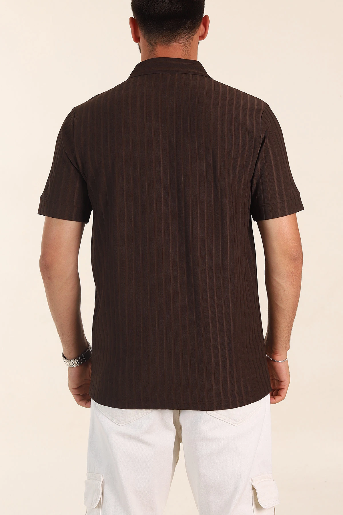 Kahverengi Relaxed Fit Fitilli Doku Fermuarlı Polo Yaka Erkek Tişört 373052