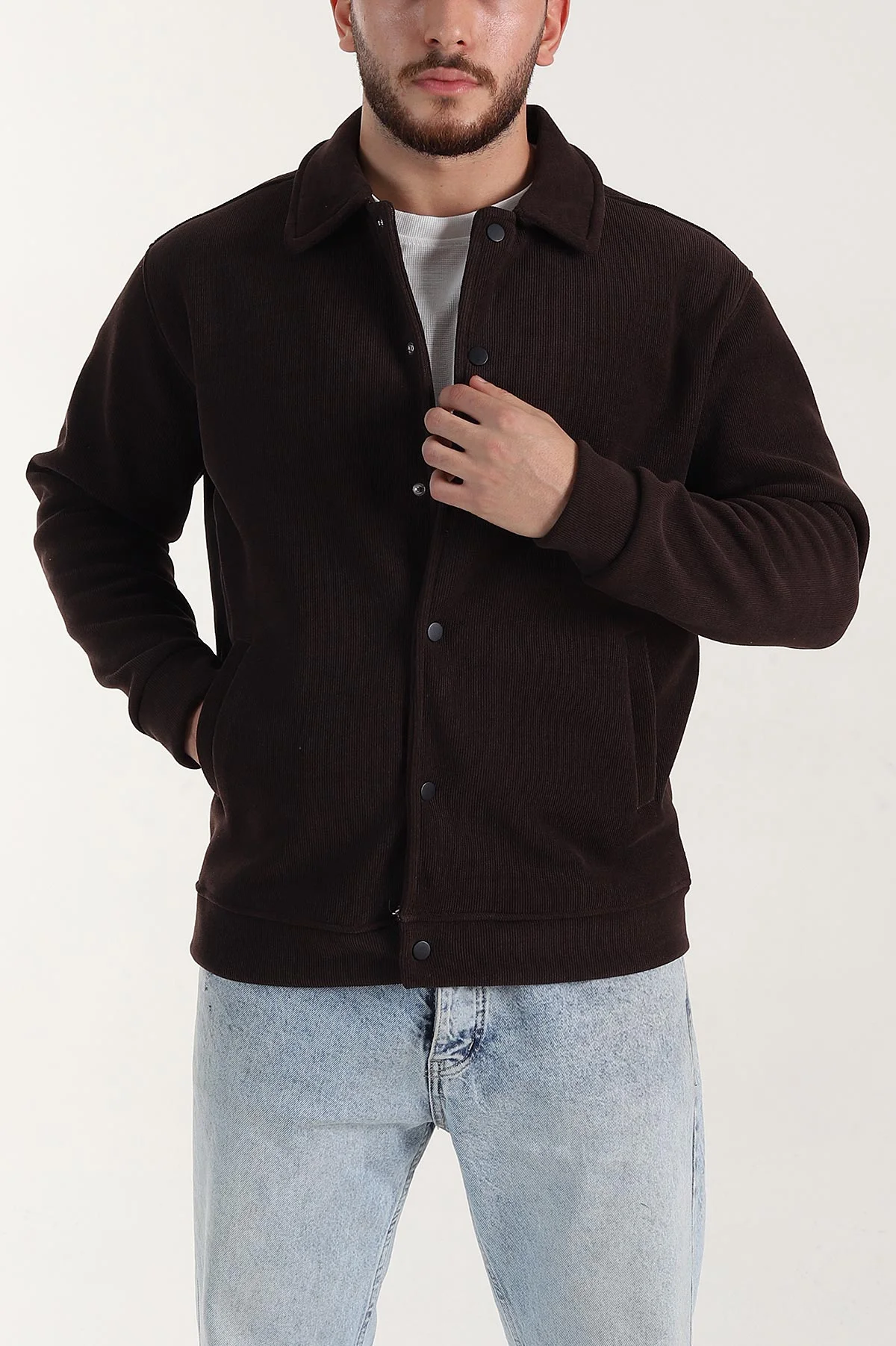 Kahverengi Relaxed Fit Fitilli Doku İçi Polarlı Erkek Kadife Ceket 399997