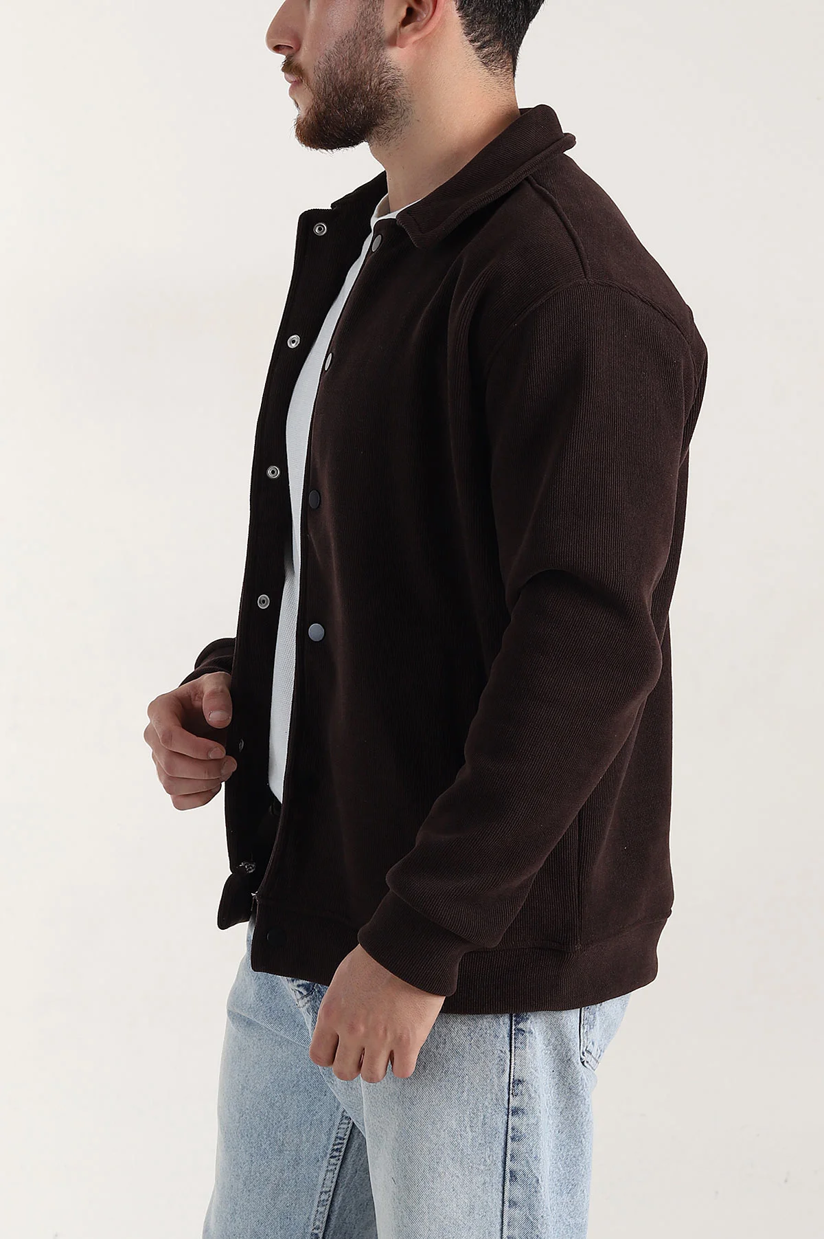 Kahverengi Relaxed Fit Fitilli Doku İçi Polarlı Erkek Kadife Ceket 399997