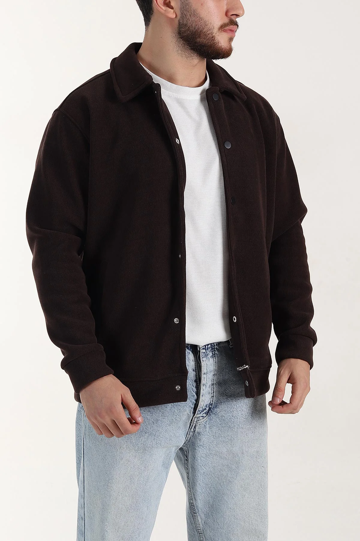 Kahverengi Relaxed Fit Fitilli Doku İçi Polarlı Erkek Kadife Ceket 399997