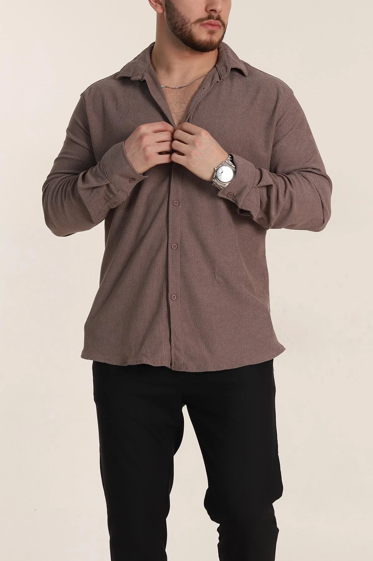 Kahverengi Relaxed Fit Fİtilli Doku Likralı Erkek Gömlek 350004
