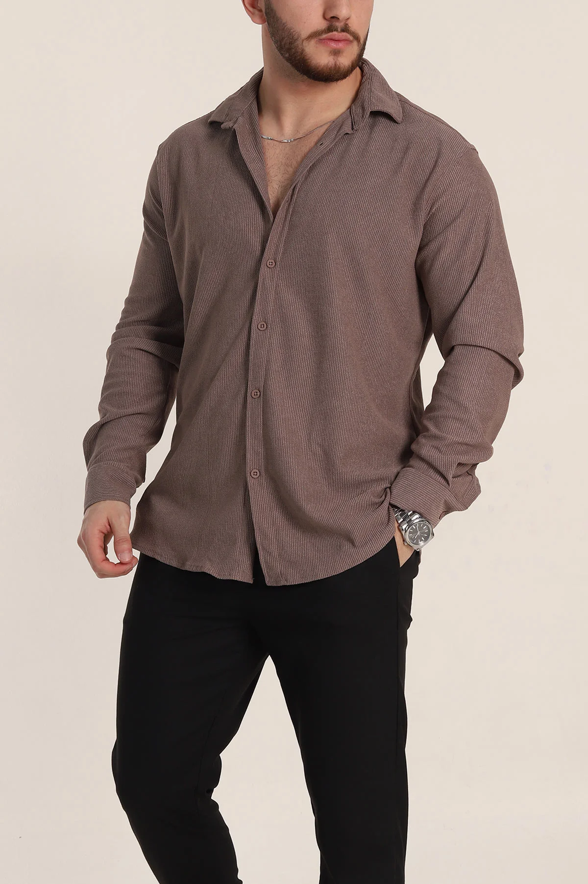Kahverengi Relaxed Fit Fİtilli Doku Likralı Erkek Gömlek 350004