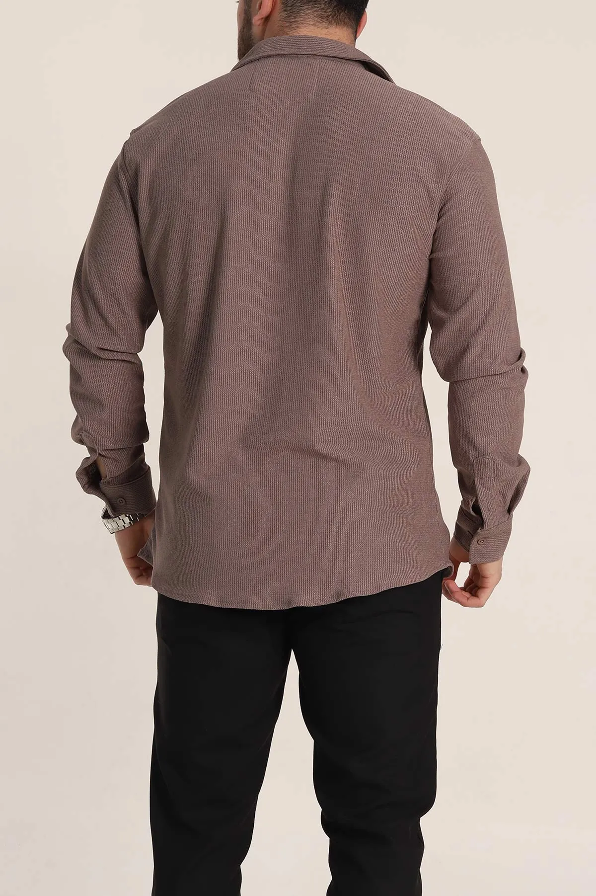 Kahverengi Relaxed Fit Fİtilli Doku Likralı Erkek Gömlek 350004