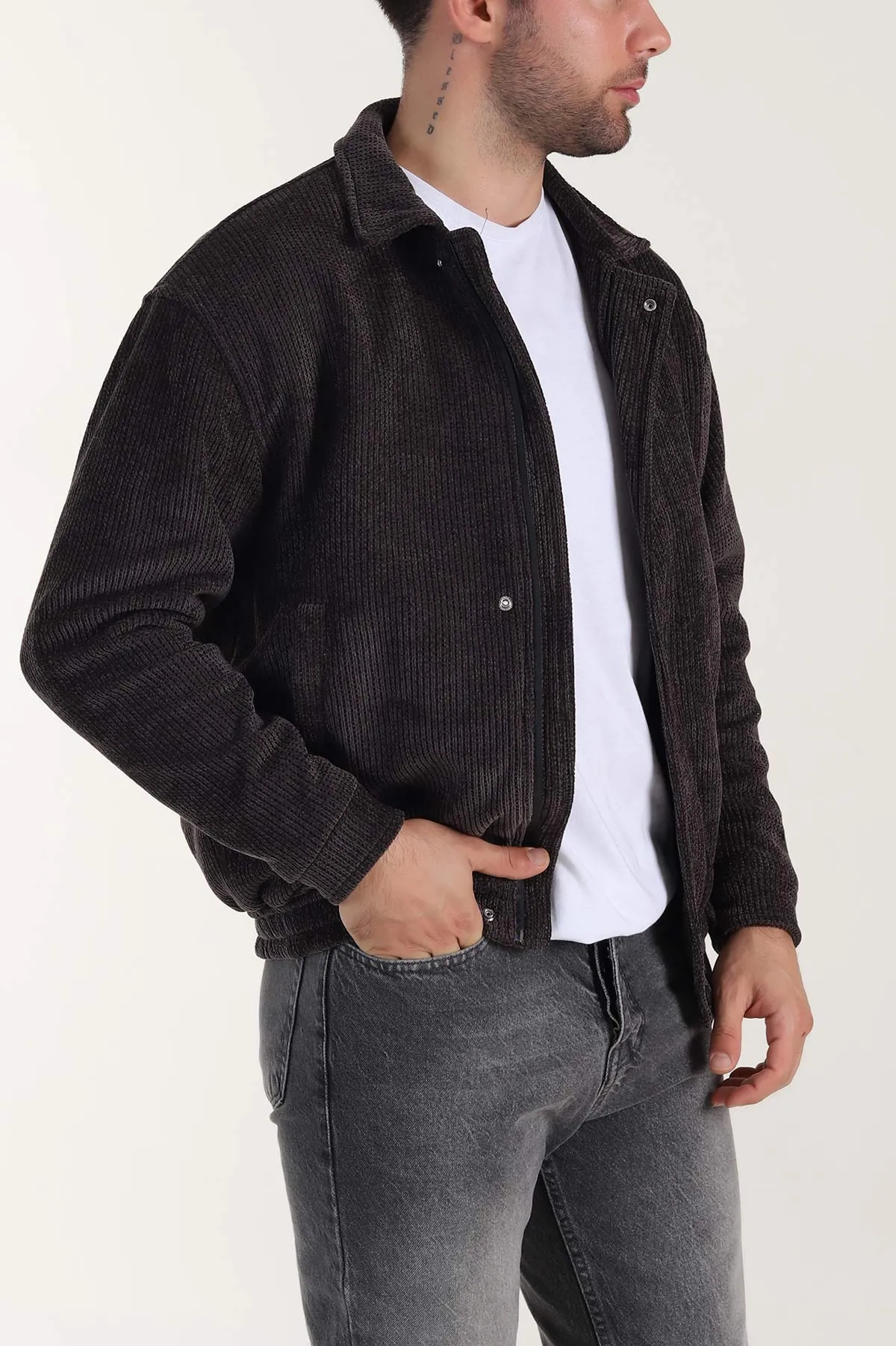 Kahverengi Relaxed Fit Fitilli Dokulu İçi Astarlı Erkek Mont 409644
