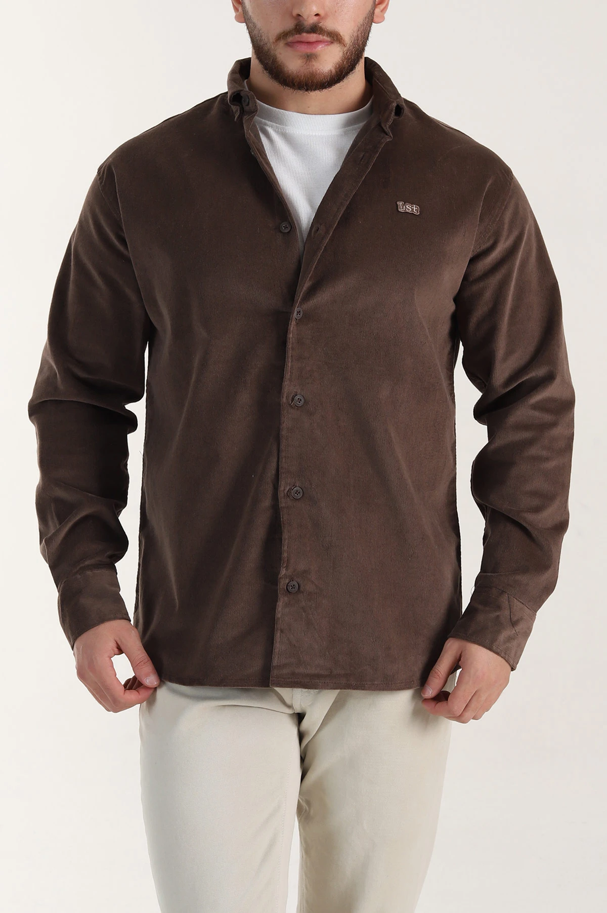 Kahverengi Relaxed Fit Fitilli Kadife Ata Yaka Erkek Gömlek 400086