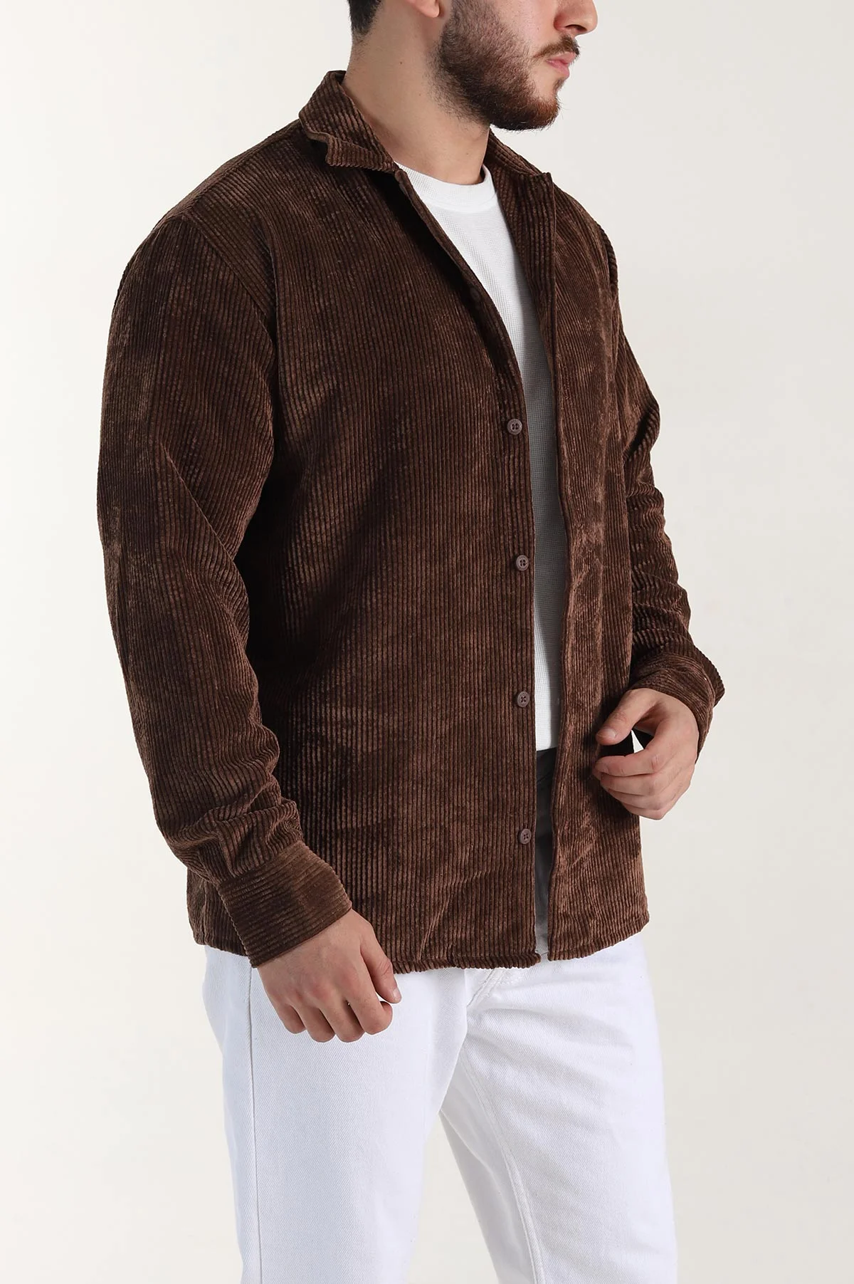 Kahverengi Relaxed Fit Fitilli Kadife Erkek Gömlek 399749