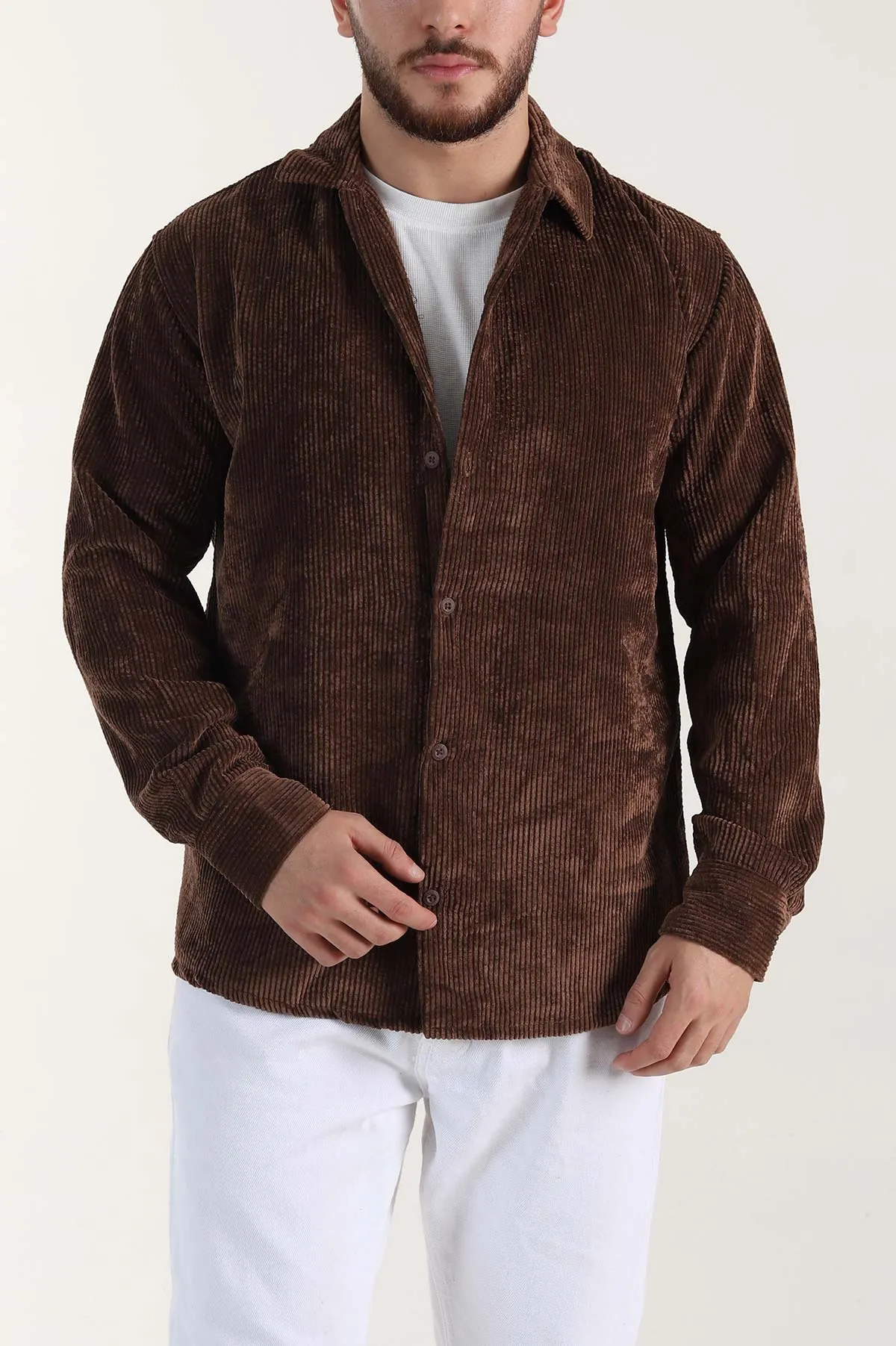 Kahverengi Relaxed Fit Fitilli Kadife Erkek Gömlek 399749