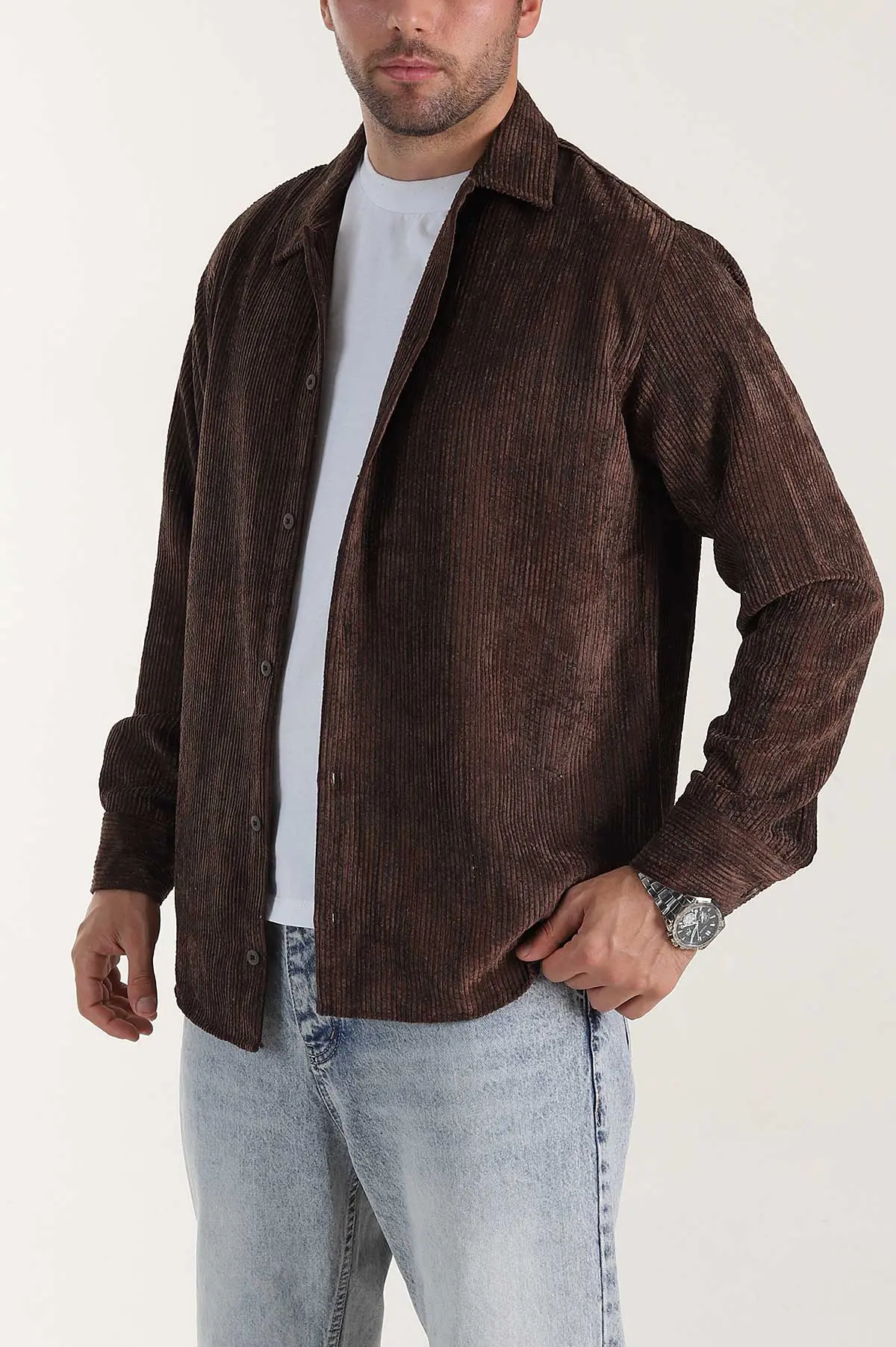 Kahverengi Relaxed Fit Fitilli Kadife Erkek Gömlek 399966