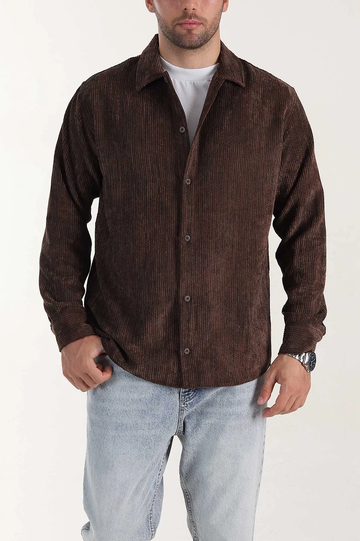 Kahverengi Relaxed Fit Fitilli Kadife Erkek Gömlek 399966