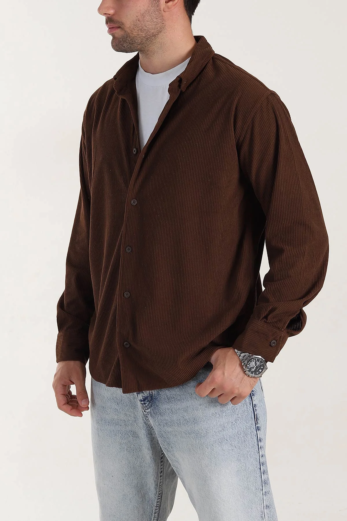 Kahverengi Relaxed Fit Fitilli Kadife Erkek Gömlek 400094