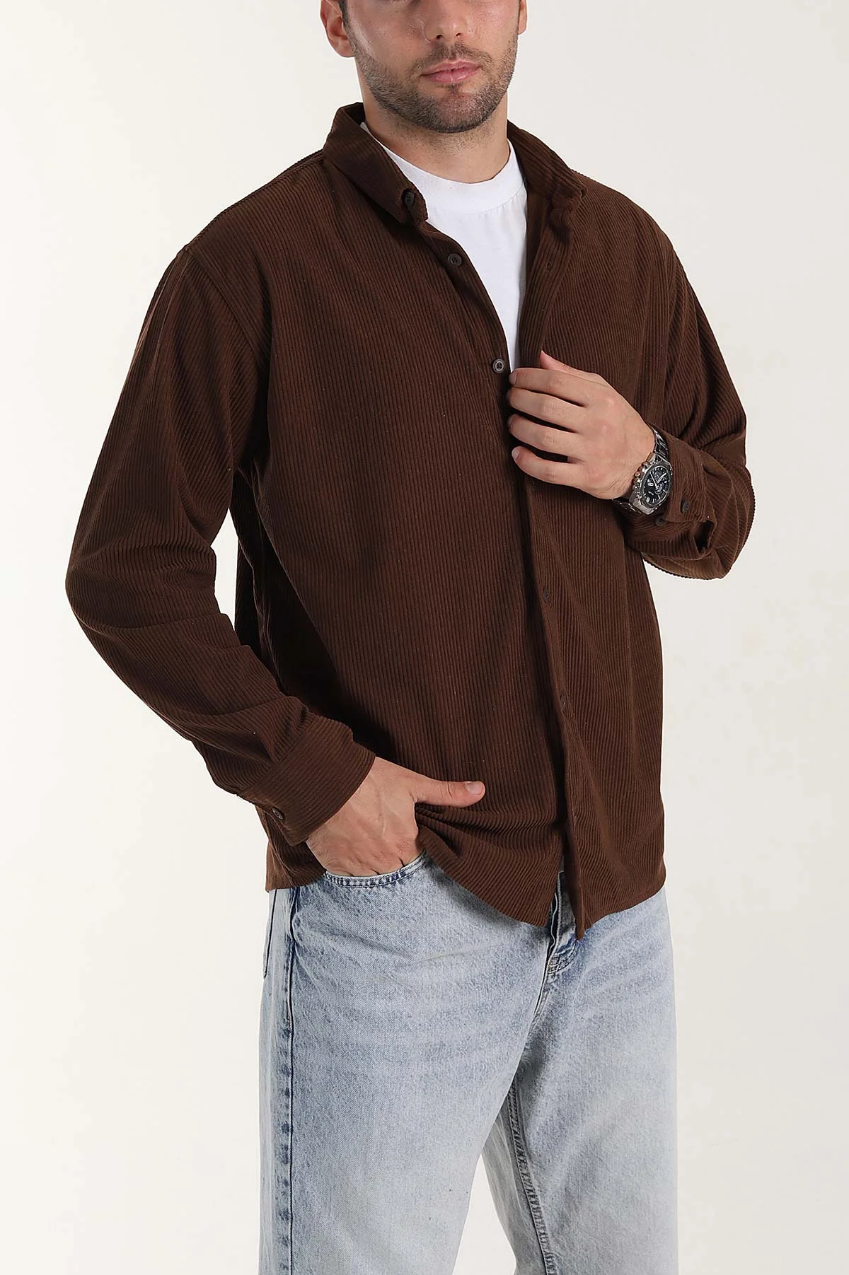 Kahverengi Relaxed Fit Fitilli Kadife Erkek Gömlek 400094
