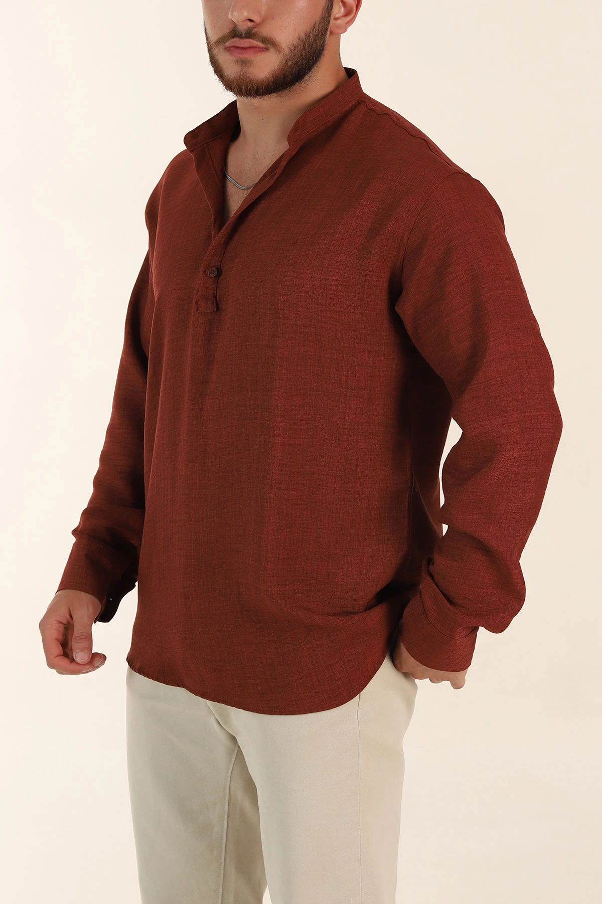 Kahverengi Relaxed Fit Hakim Yaka Yarım Düğmeli Erkek Gömlek 369853
