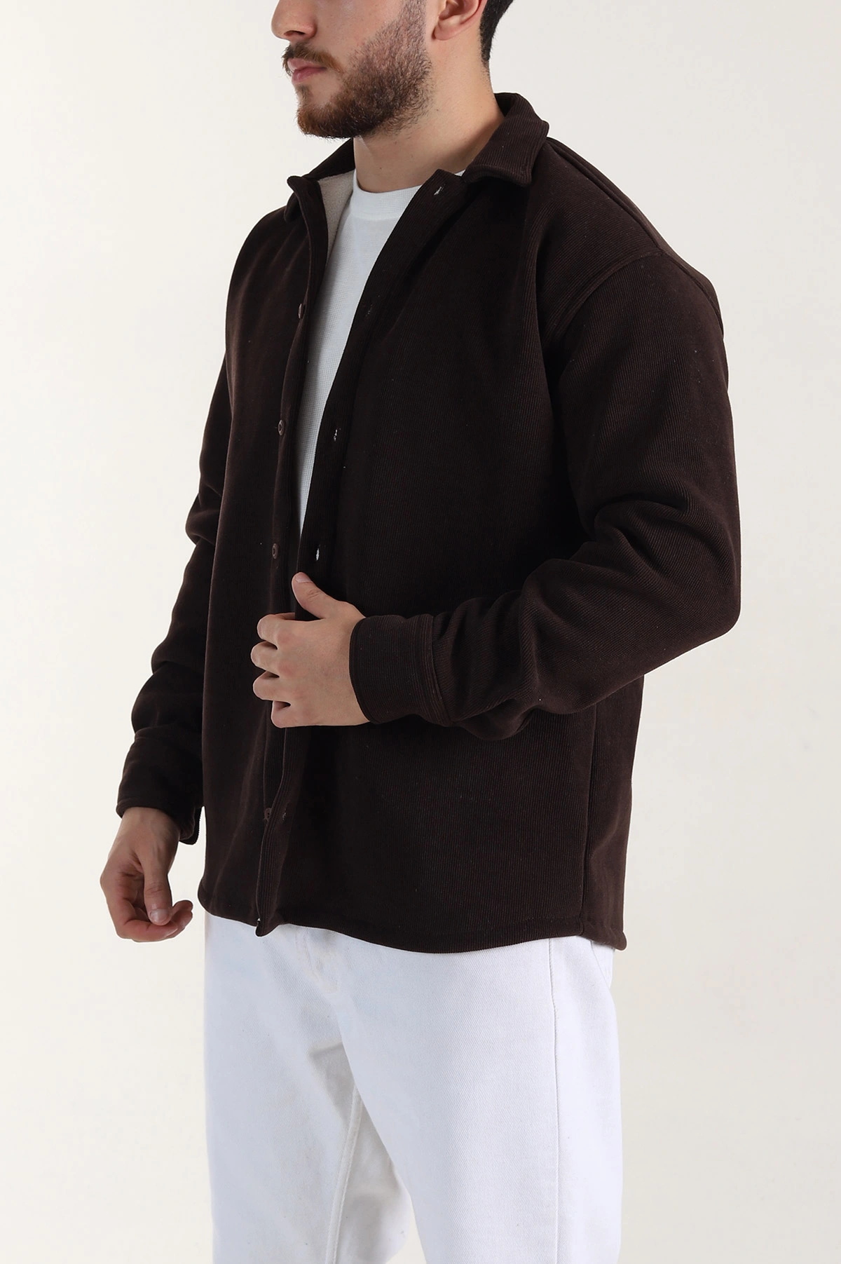 Kahverengi Relaxed Fit İçi Polarlı Erkek Kadife Gömlek 400012