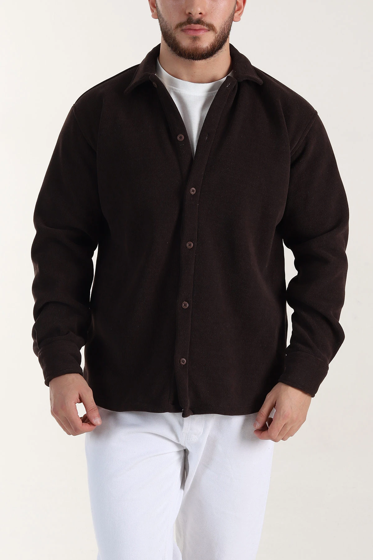 Kahverengi Relaxed Fit İçi Polarlı Erkek Kadife Gömlek 400012