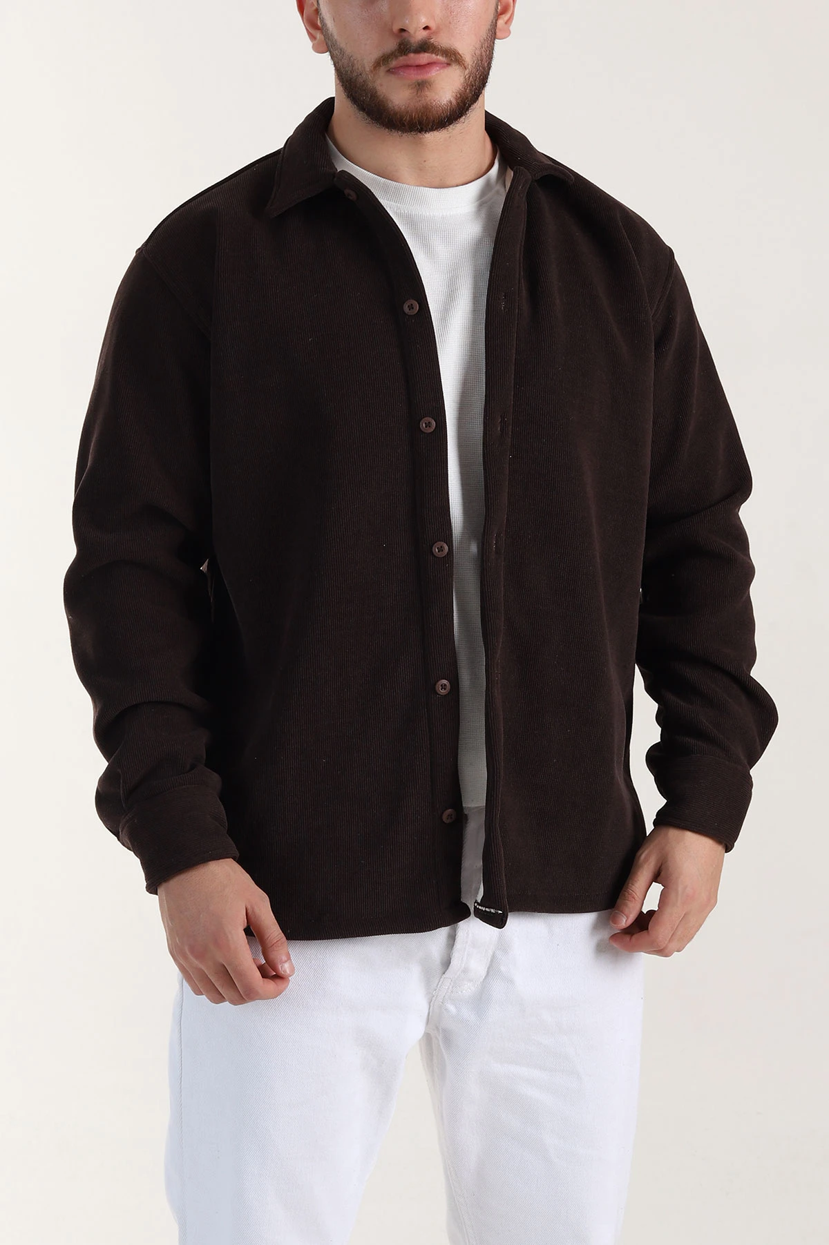 Kahverengi Relaxed Fit İçi Polarlı Erkek Kadife Gömlek 400012