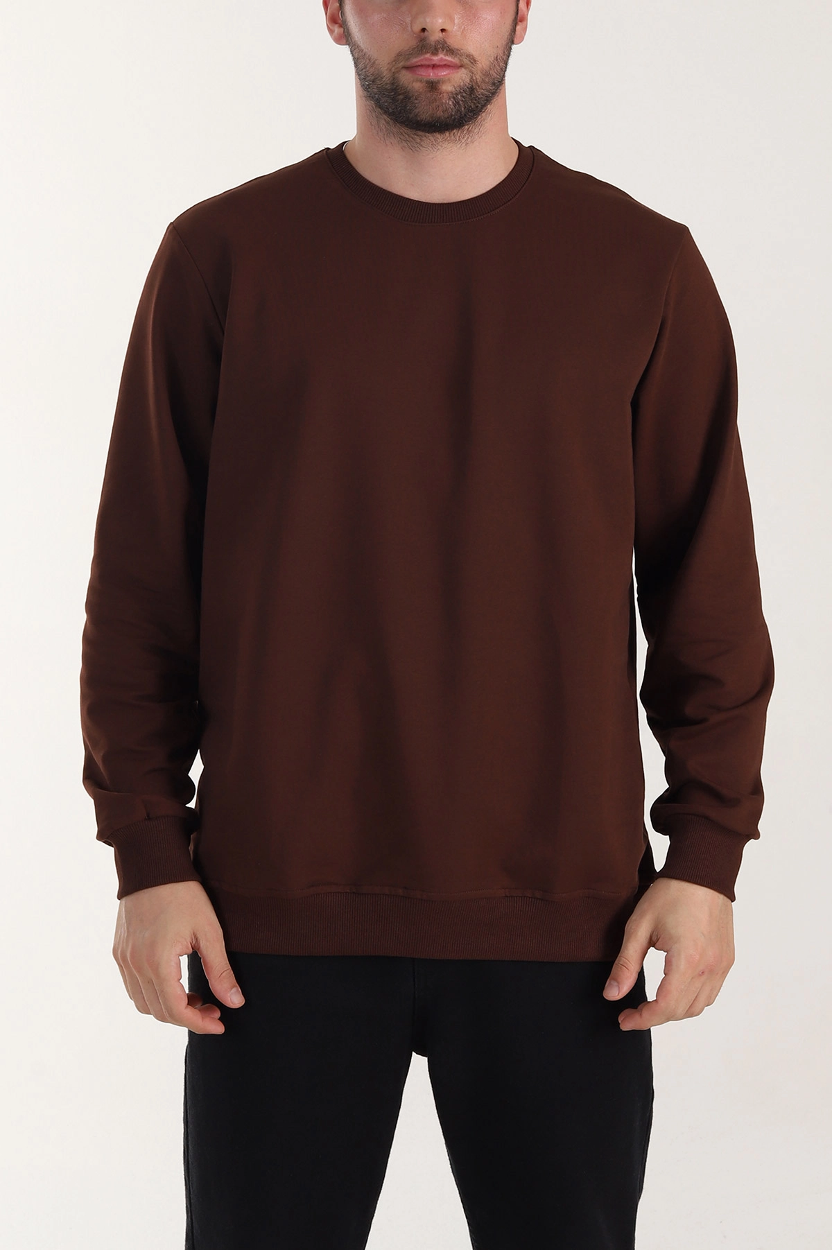 Kahverengi Relaxed Fit İki İp Şardonsuz Basic Erkek Sweatshirt 411797