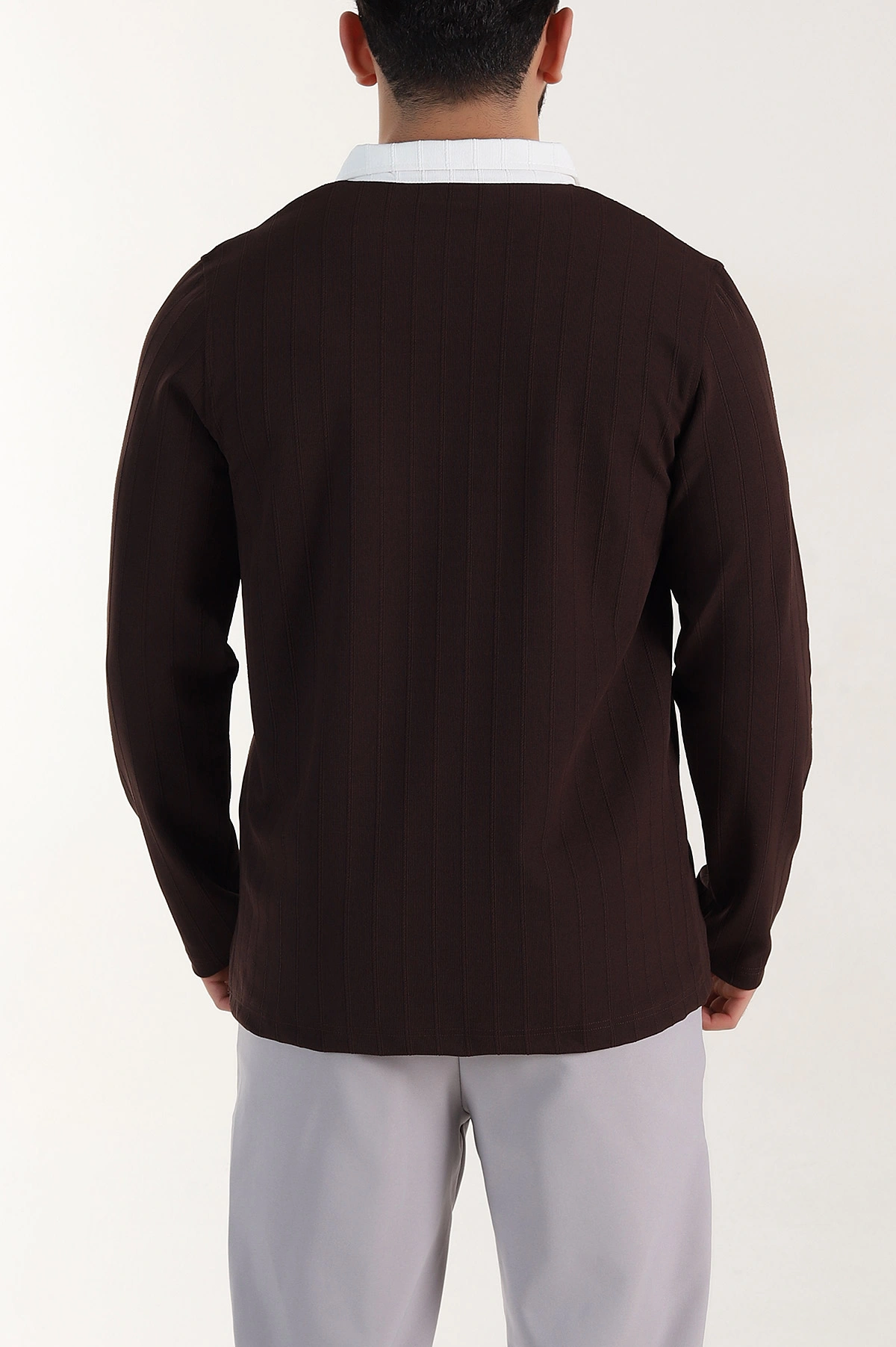 Kahverengi Relaxed Fit Jakarlı Kumaş Yazı Detay Polo Yaka Erkek Sweatshirt 399379