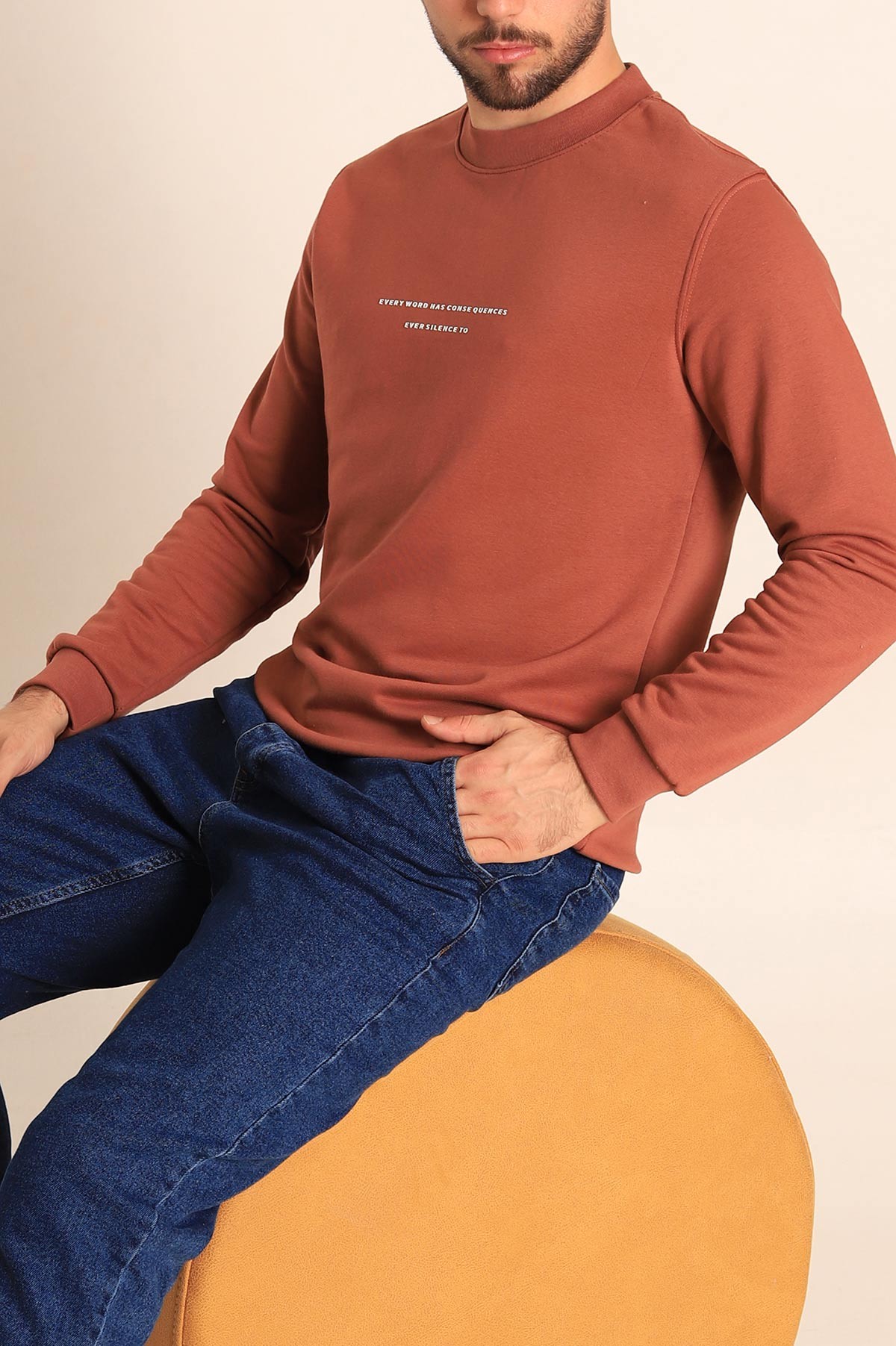 Kahverengi Relaxed Fit Kabartma Yazılı Erkek Sweatshirt 221448