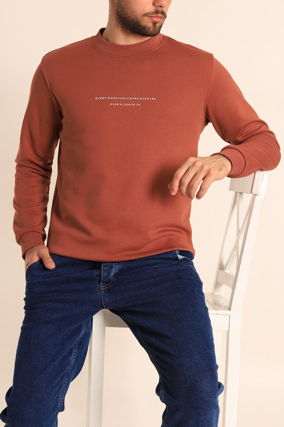 Kahverengi Relaxed Fit Kabartma Yazılı Erkek Sweatshirt 221448