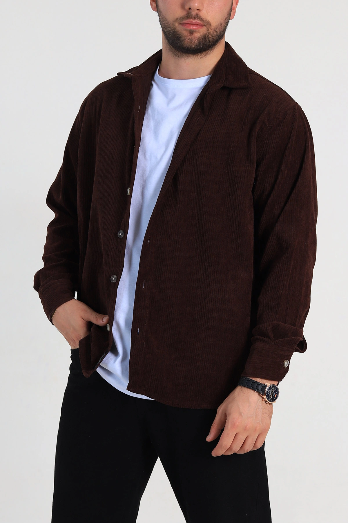 Kahverengi Relaxed Fit Kadife Erkek Gömlek 314708