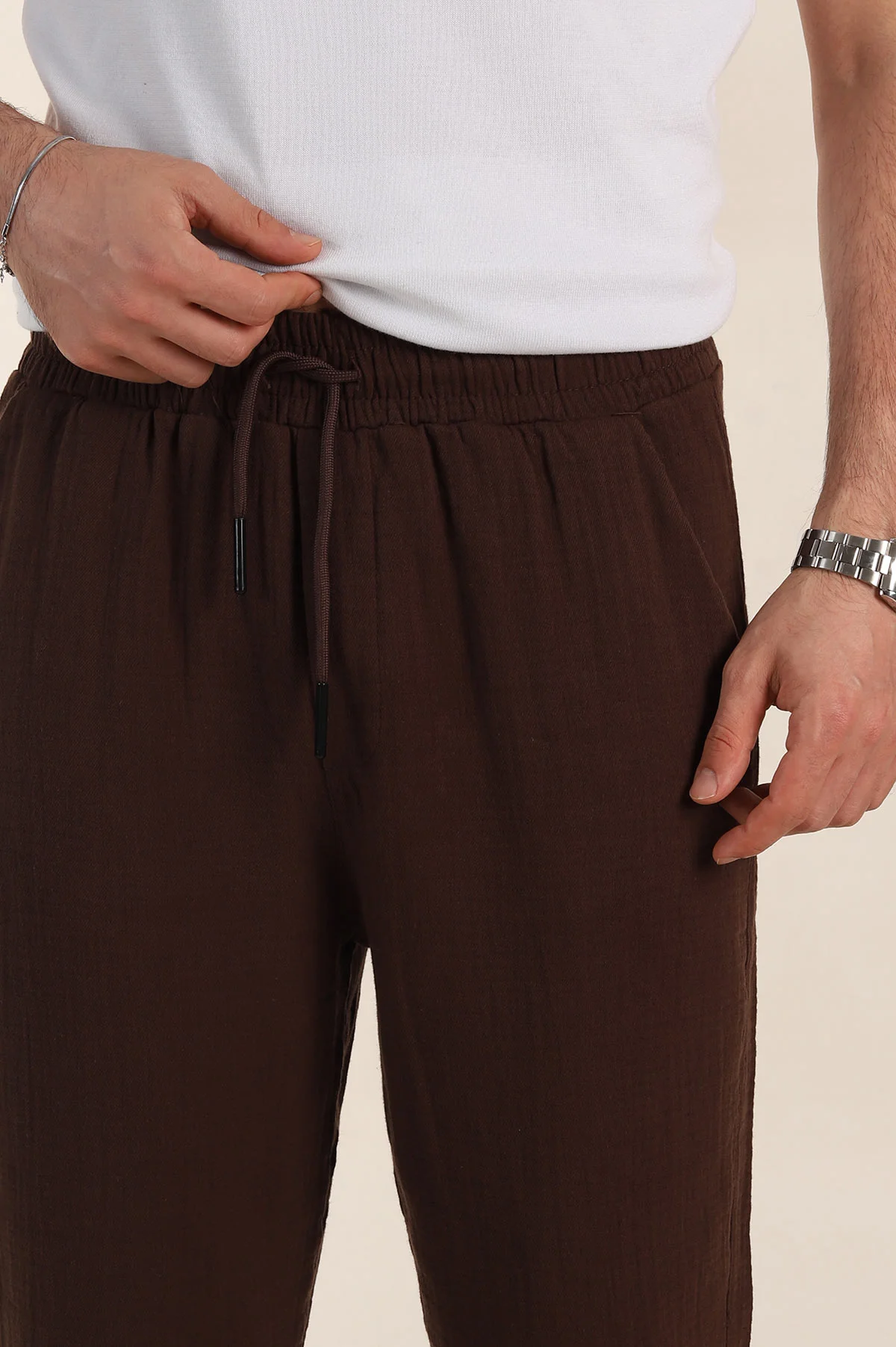 Kahverengi Relaxed Fit Kalın Müslin Keten Erkek Jogger Eşofman Altı 354106