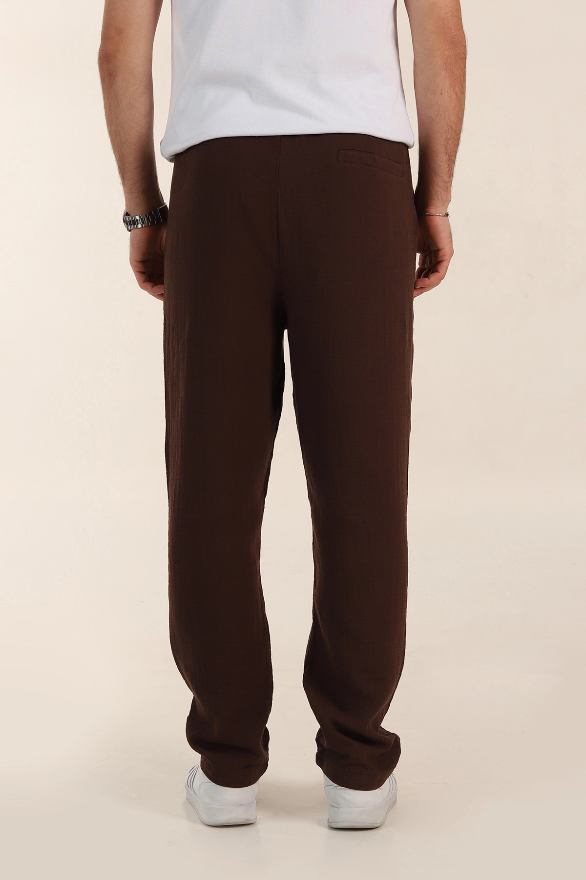 Kahverengi Relaxed Fit Kalın Müslin Keten Erkek Jogger Eşofman Altı 354106