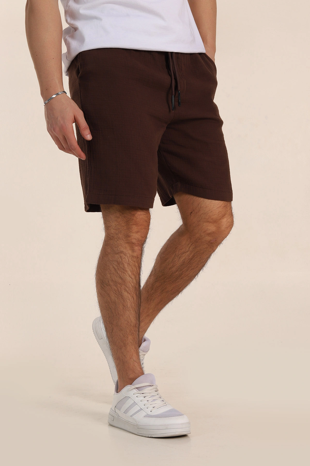 Kahverengi Relaxed Fit Kalın Müslin Keten Erkek Şort 354066