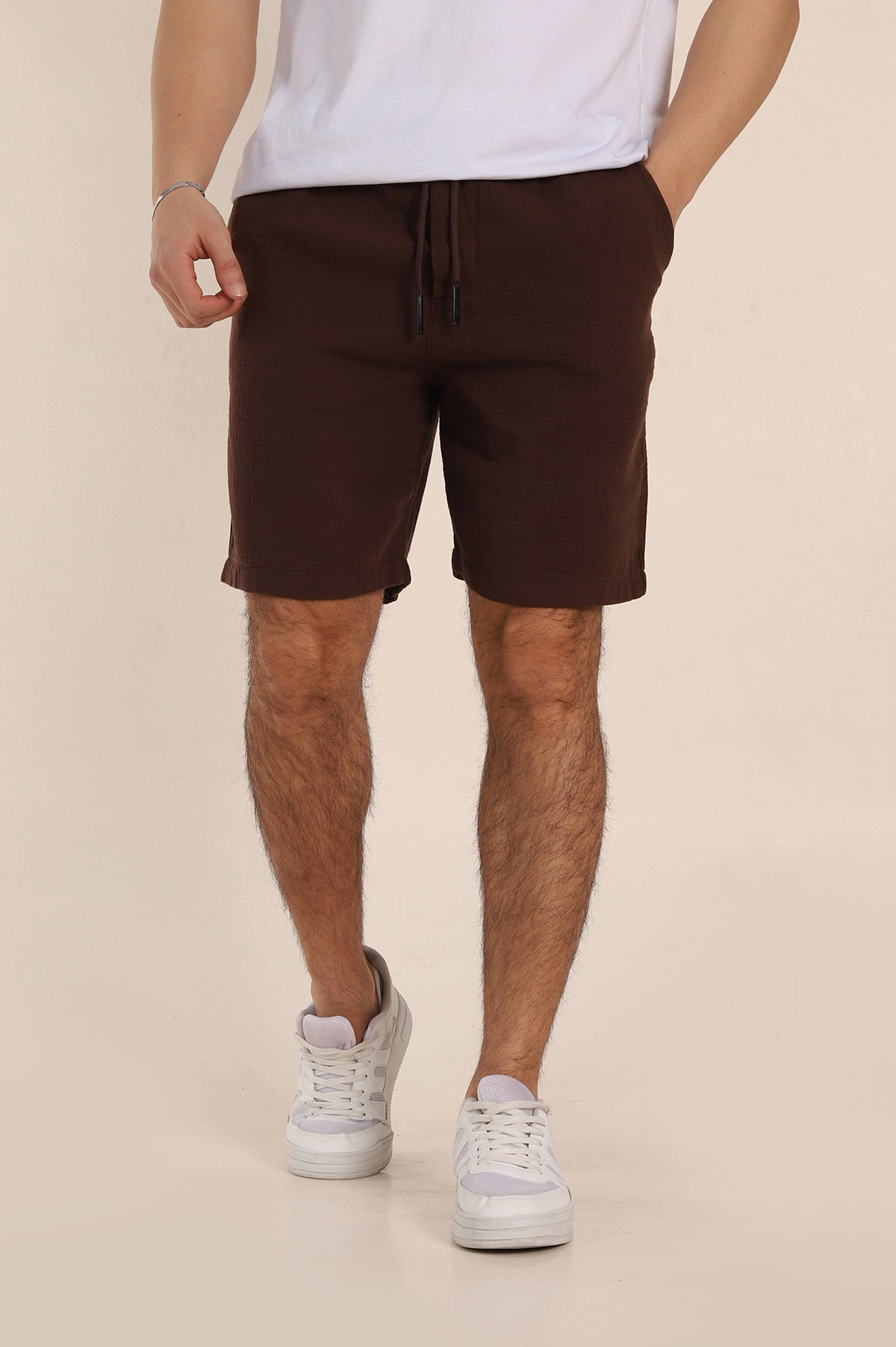 Kahverengi Relaxed Fit Kalın Müslin Keten Erkek Şort 354066