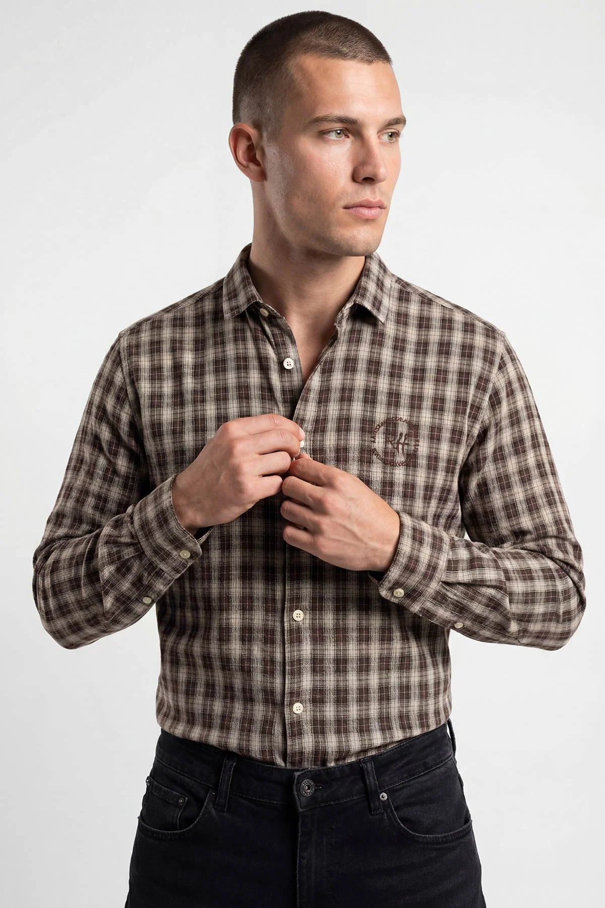 Kahverengi Relaxed Fit Kare Desen Erkek Gömlek 435776