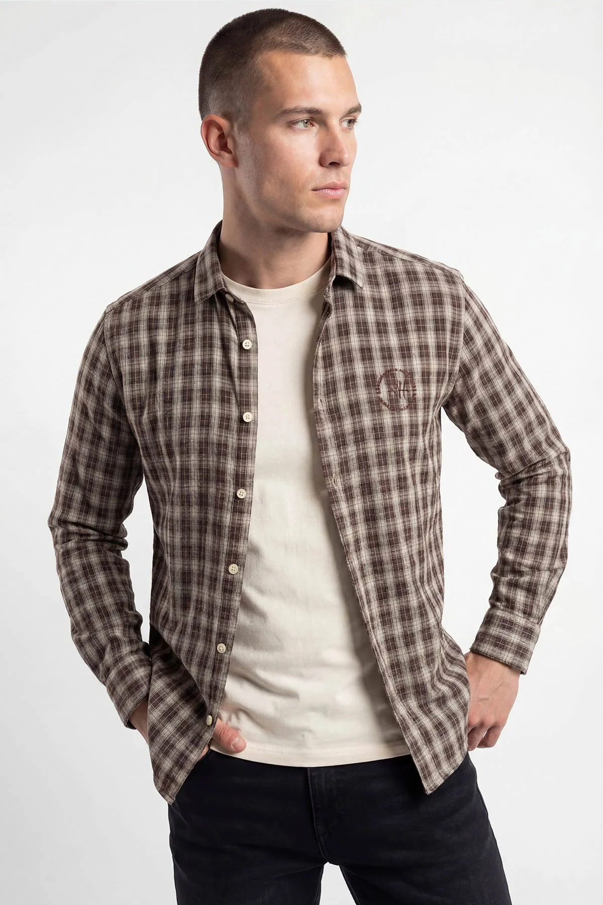 Kahverengi Relaxed Fit Kare Desen Erkek Gömlek 435776