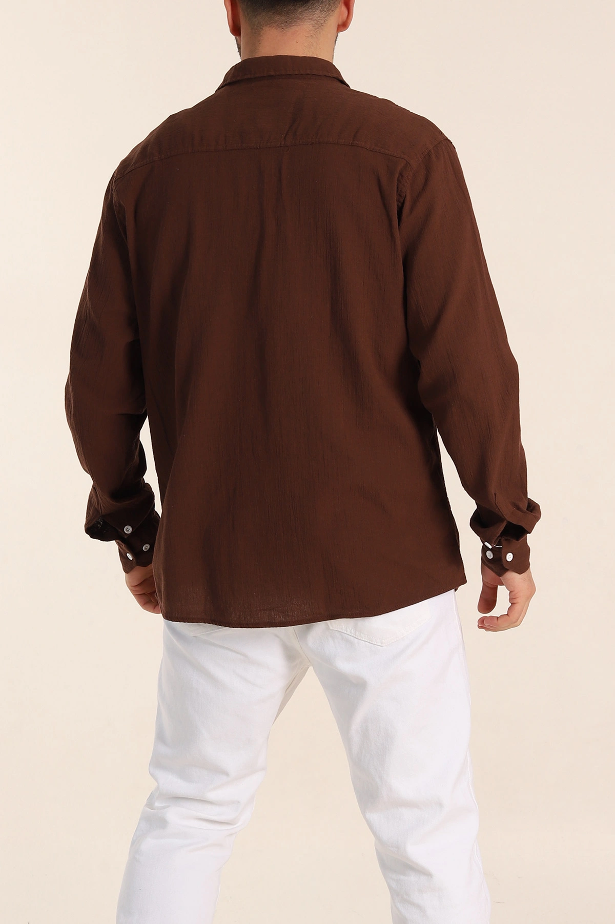 Kahverengi Relaxed Fit Keten Ata Yaka Erkek Gömlek 339166