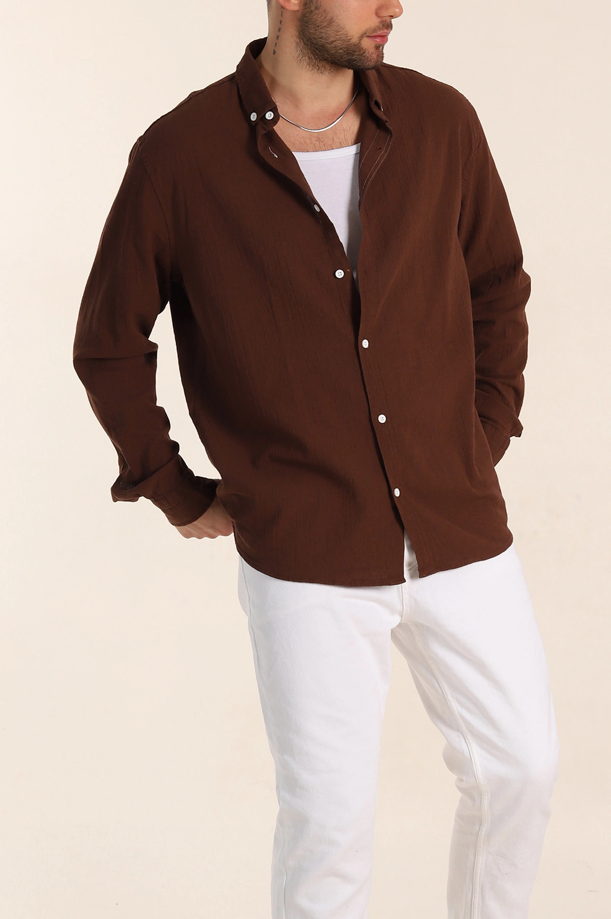 Kahverengi Relaxed Fit Keten Ata Yaka Erkek Gömlek 339166