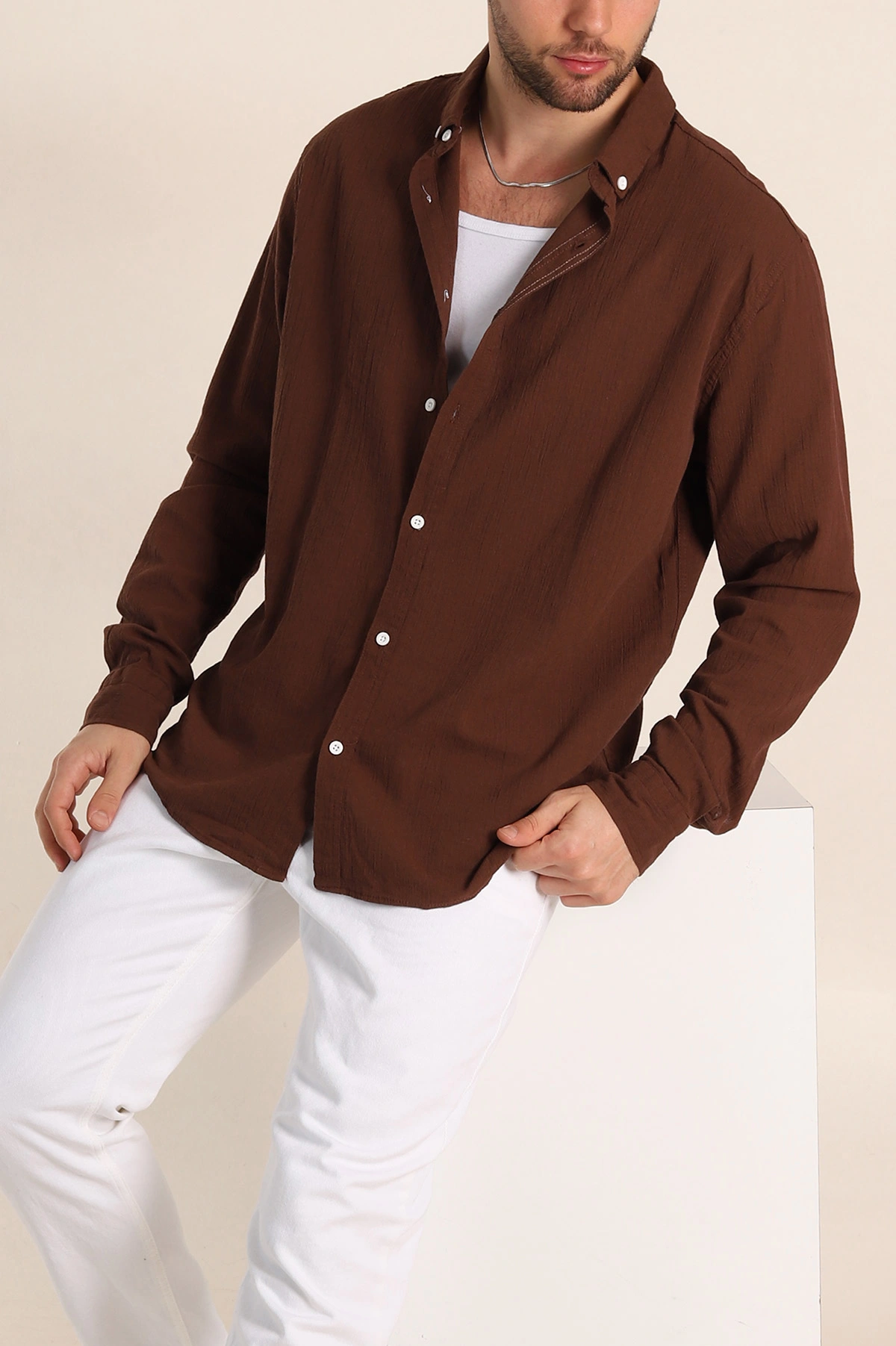 Kahverengi Relaxed Fit Keten Ata Yaka Erkek Gömlek 339166