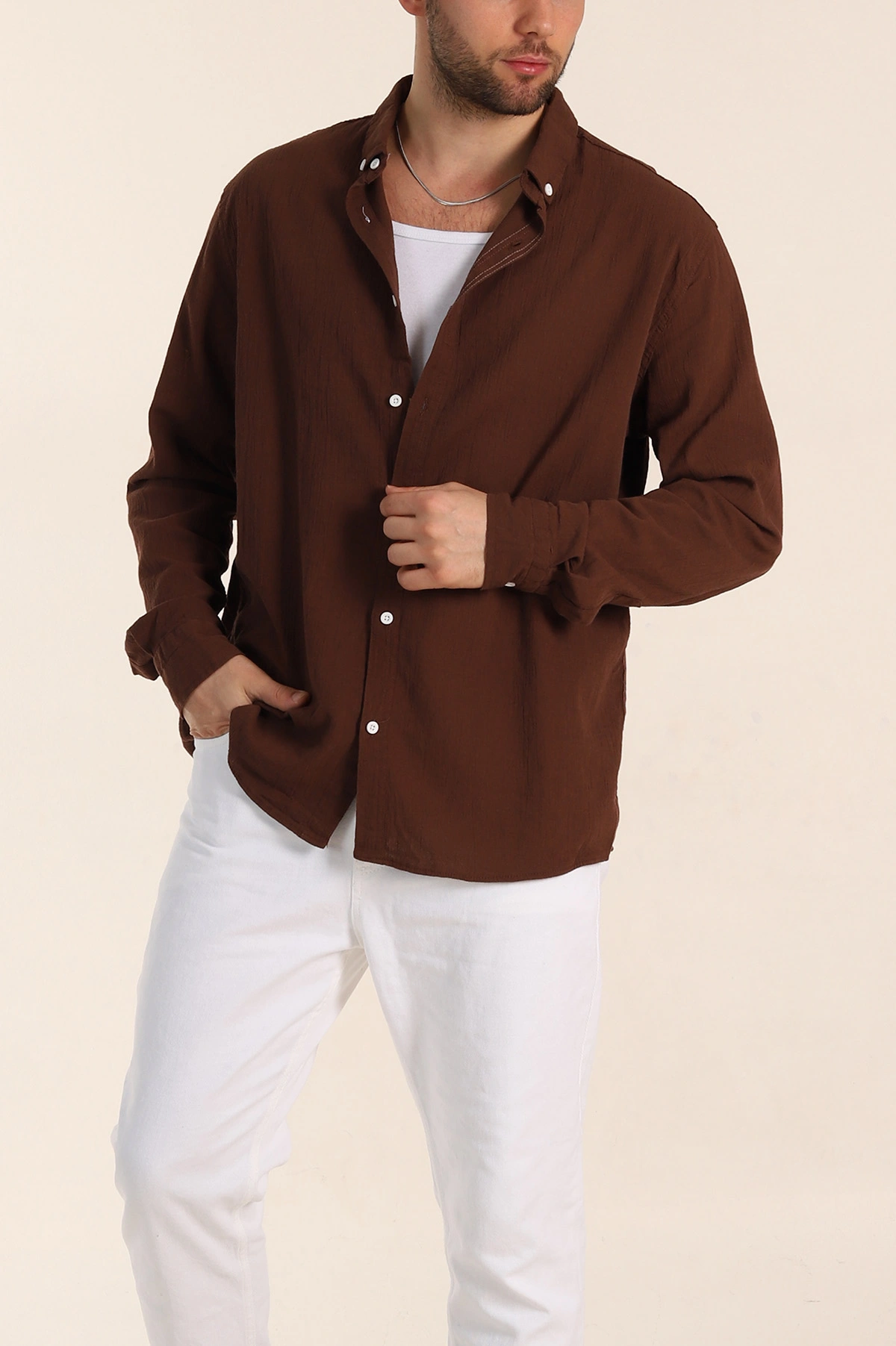 Kahverengi Relaxed Fit Keten Ata Yaka Erkek Gömlek 339166