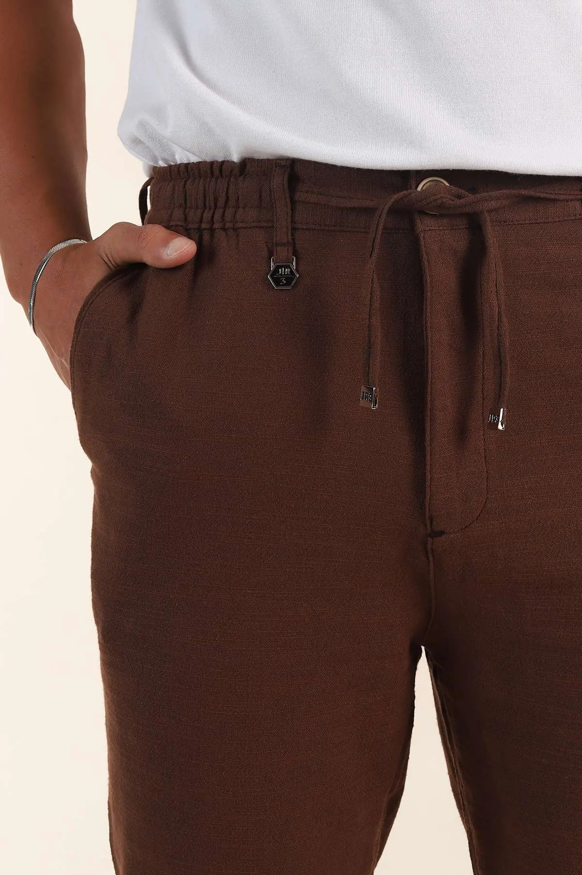 Kahverengi Relaxed Fit Keten Bel Lastikli Erkek Jogger Pantolon 380915