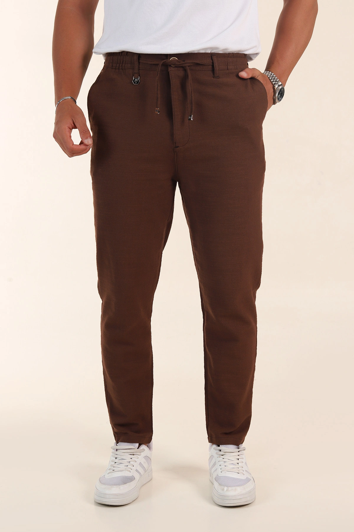 Kahverengi Relaxed Fit Keten Bel Lastikli Erkek Jogger Pantolon 380915