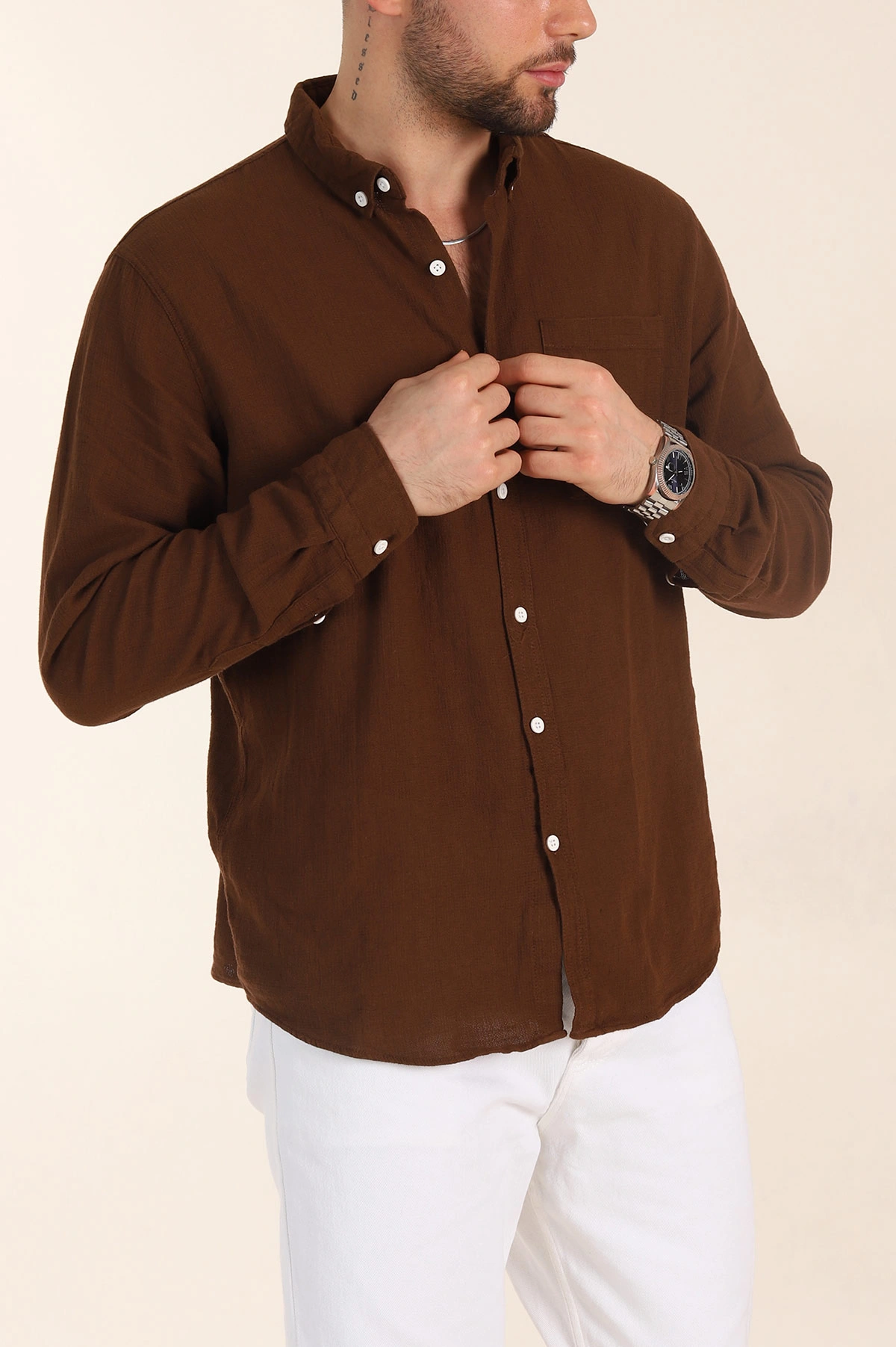 Kahverengi Relaxed Fit Keten Cep Detaylı Erkek Gömlek 356973