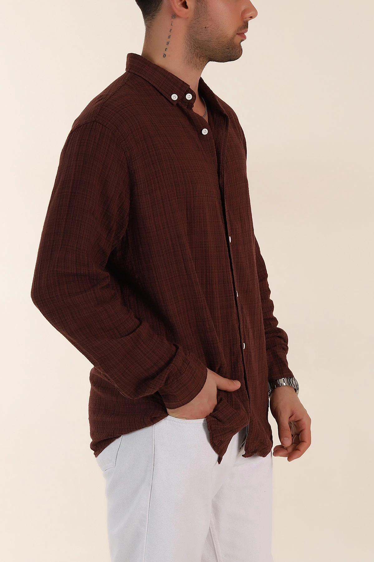 Kahverengi Relaxed Fit Keten Kare Dokulu Ata Yaka Erkek Gömlek 360614
