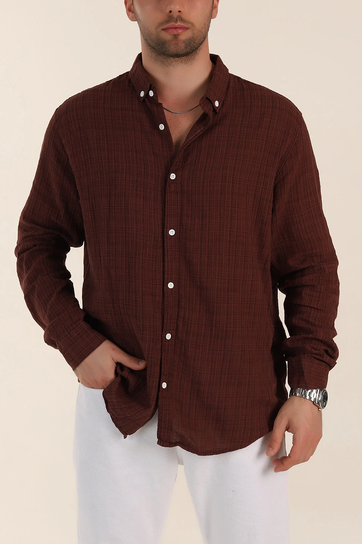 Kahverengi Relaxed Fit Keten Kare Dokulu Ata Yaka Erkek Gömlek 360614