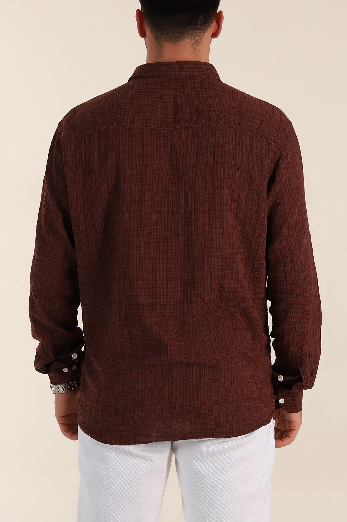 Kahverengi Relaxed Fit Keten Kare Dokulu Ata Yaka Erkek Gömlek 360614
