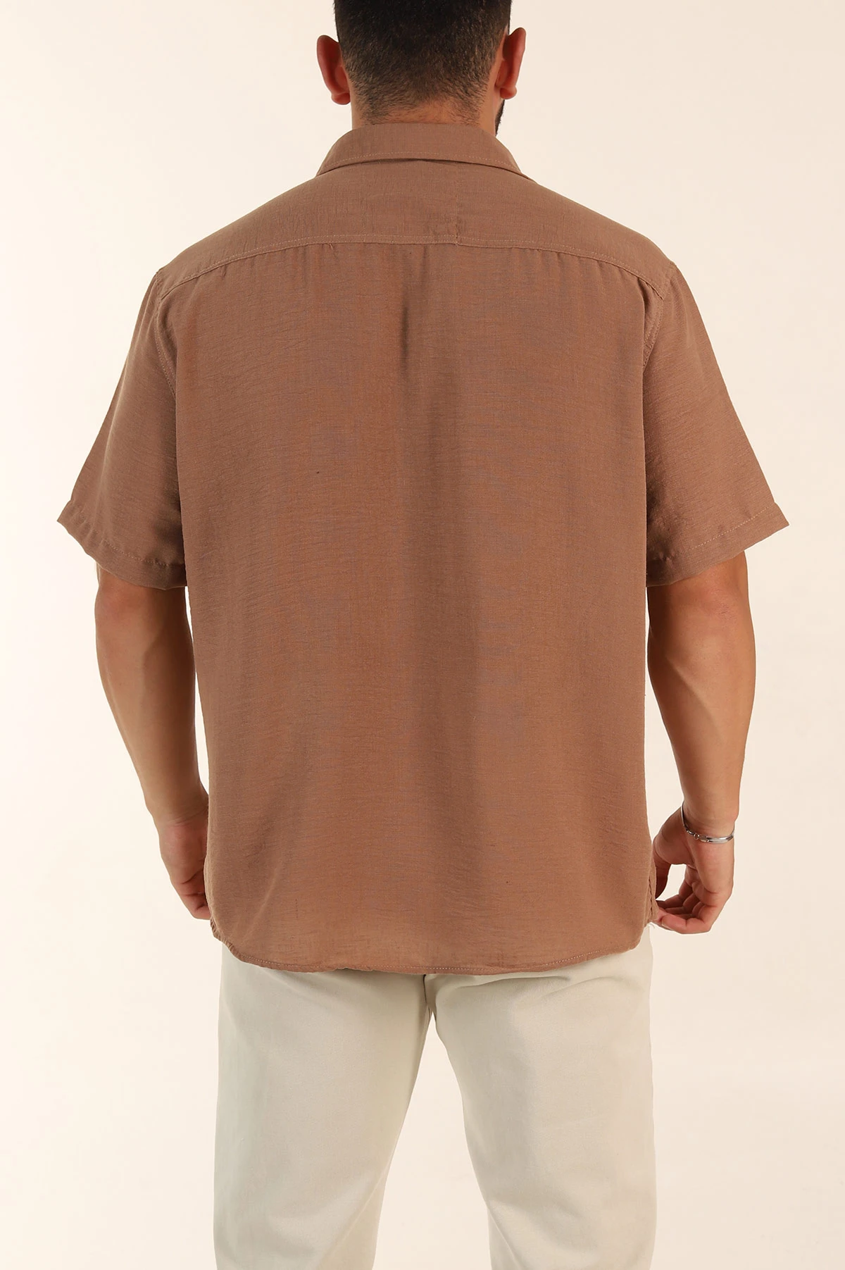 Kahverengi Relaxed Fit Keten Kısa Kollu Erkek Gömlek 376972