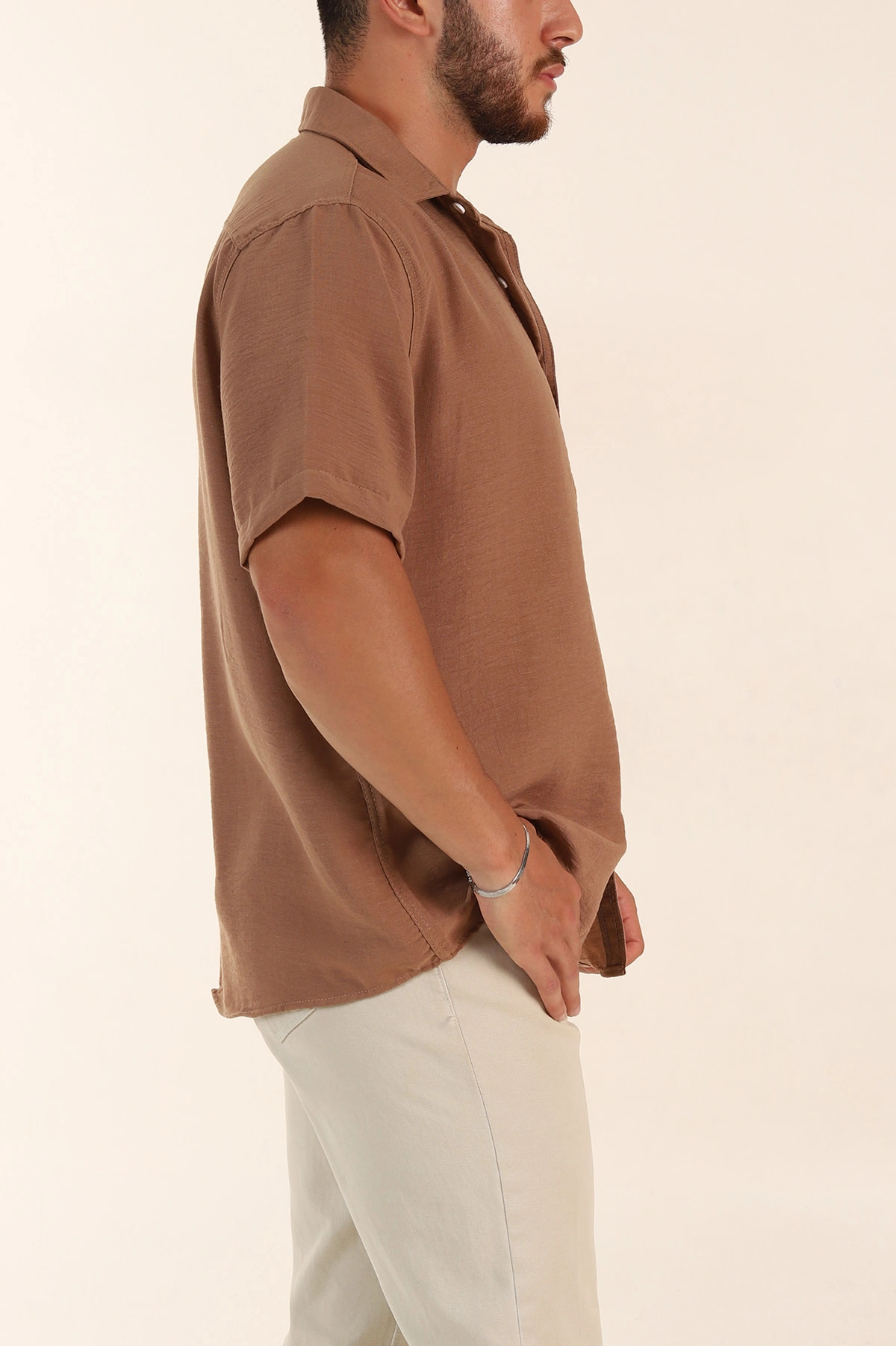 Kahverengi Relaxed Fit Keten Kısa Kollu Erkek Gömlek 376972