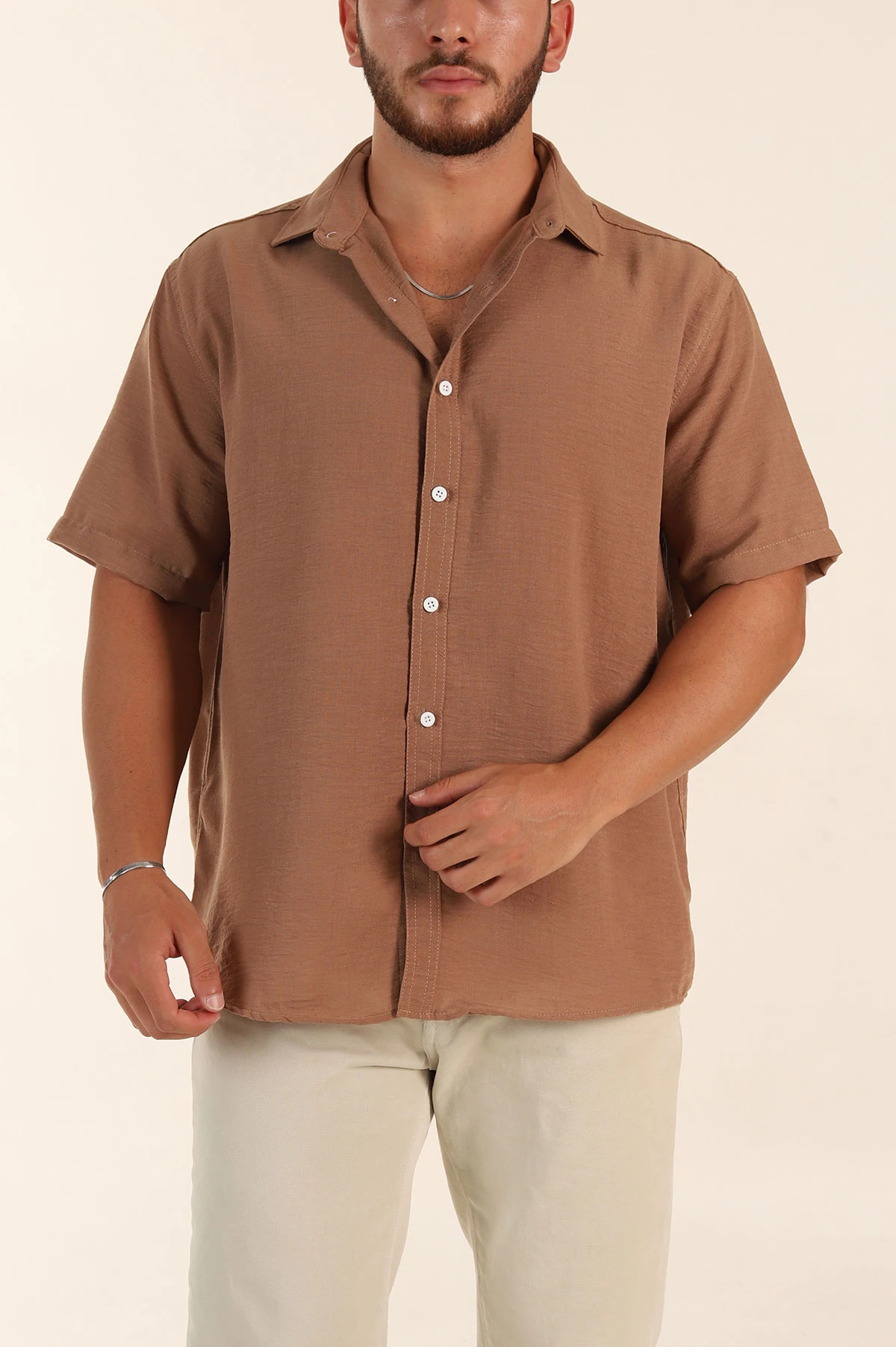Kahverengi Relaxed Fit Keten Kısa Kollu Erkek Gömlek 376972