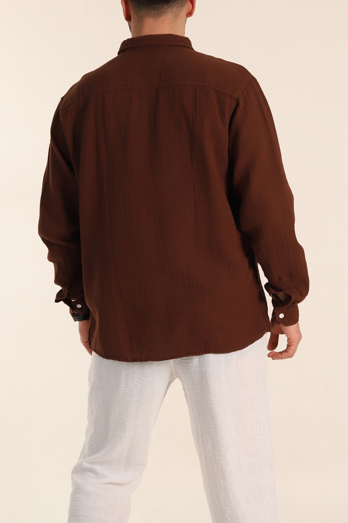 Kahverengi Relaxed Fit Müslin Keten Ata Yaka Erkek Gömlek 339156