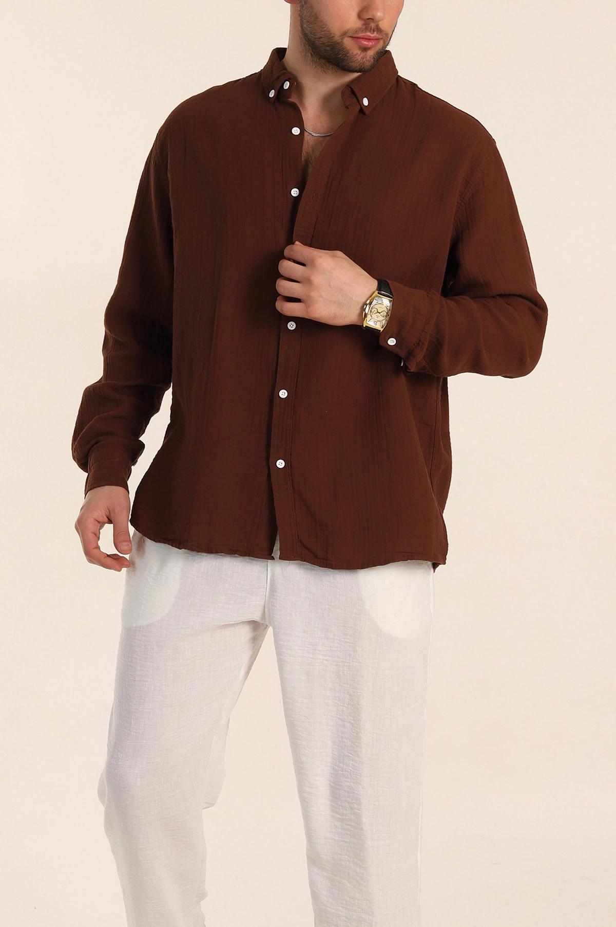 Kahverengi Relaxed Fit Müslin Keten Ata Yaka Erkek Gömlek 339156