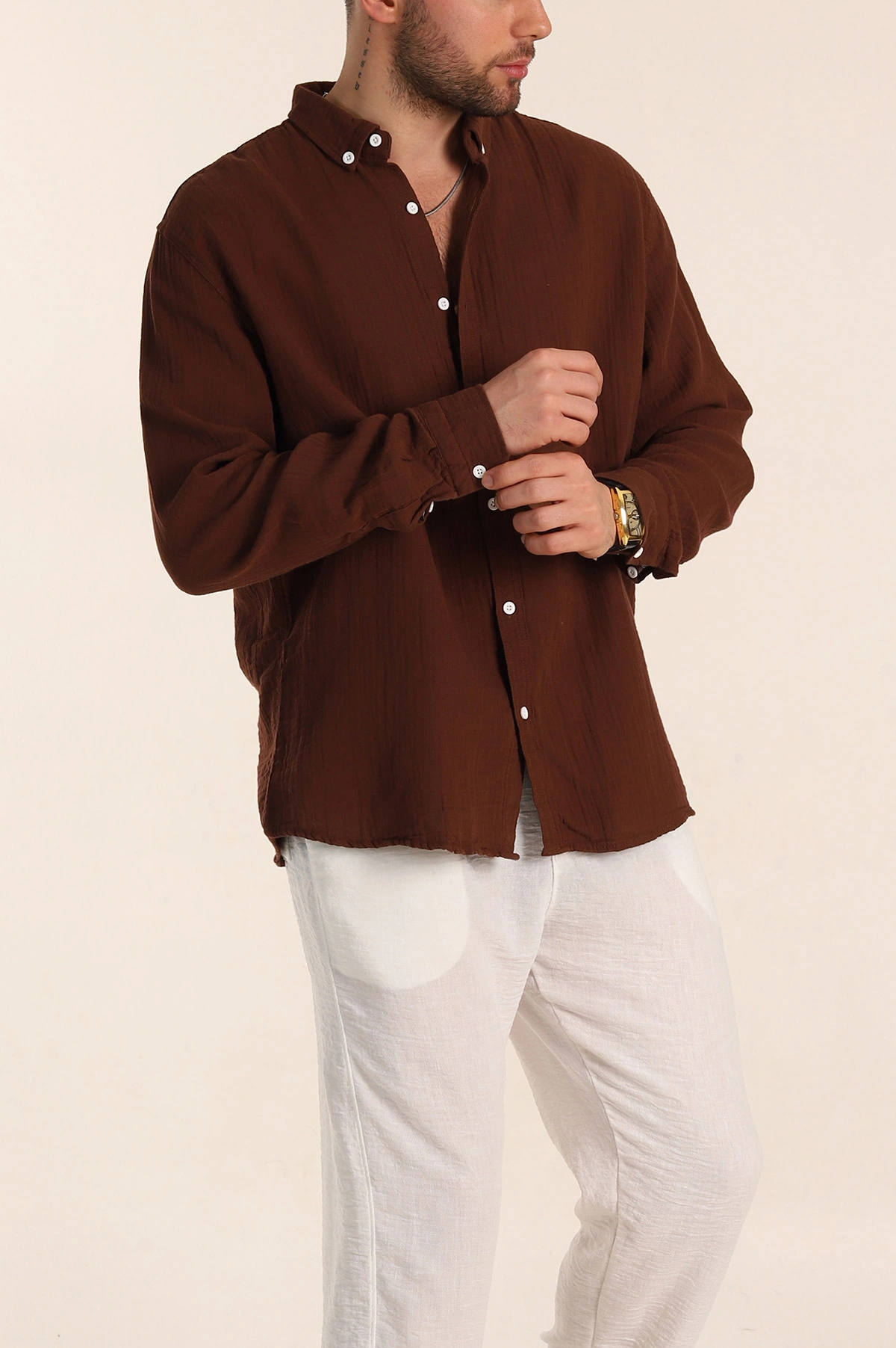 Kahverengi Relaxed Fit Müslin Keten Ata Yaka Erkek Gömlek 339156