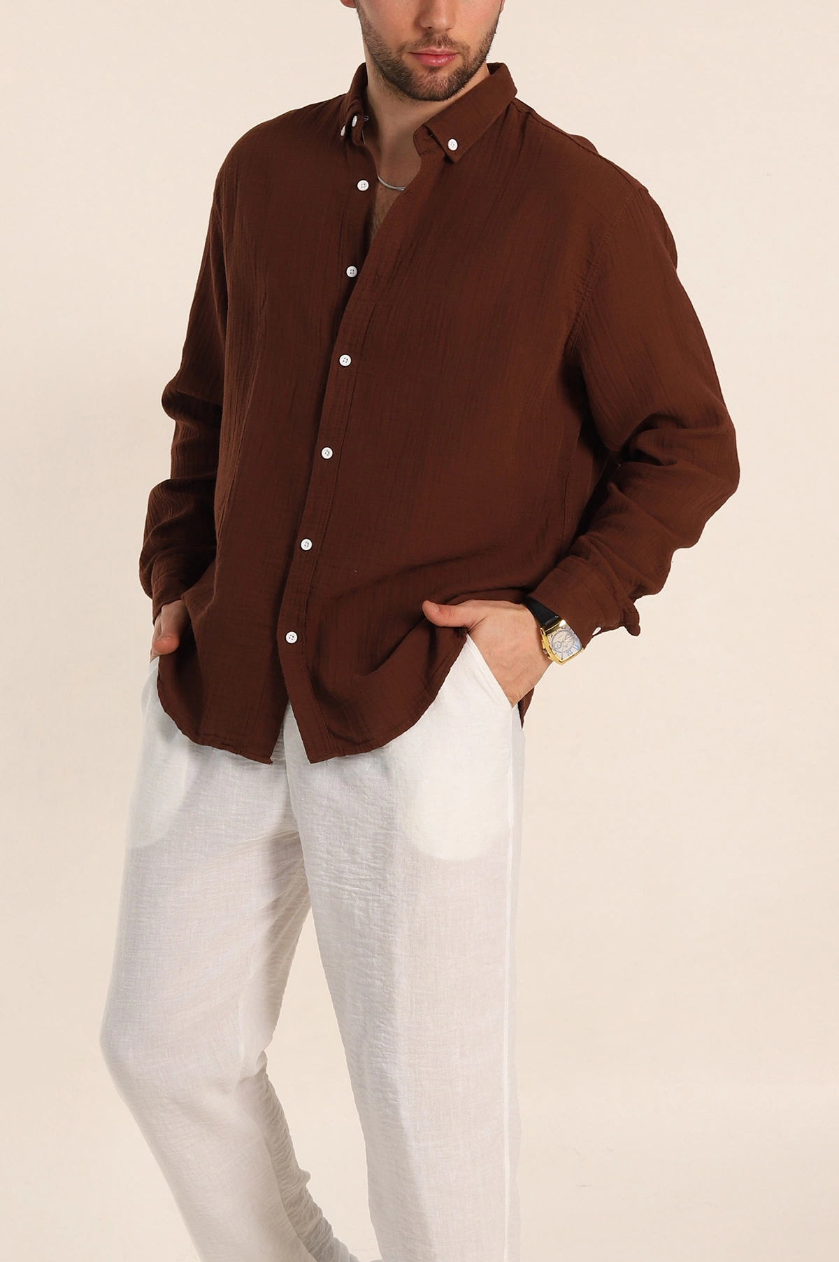 Kahverengi Relaxed Fit Müslin Keten Ata Yaka Erkek Gömlek 339156